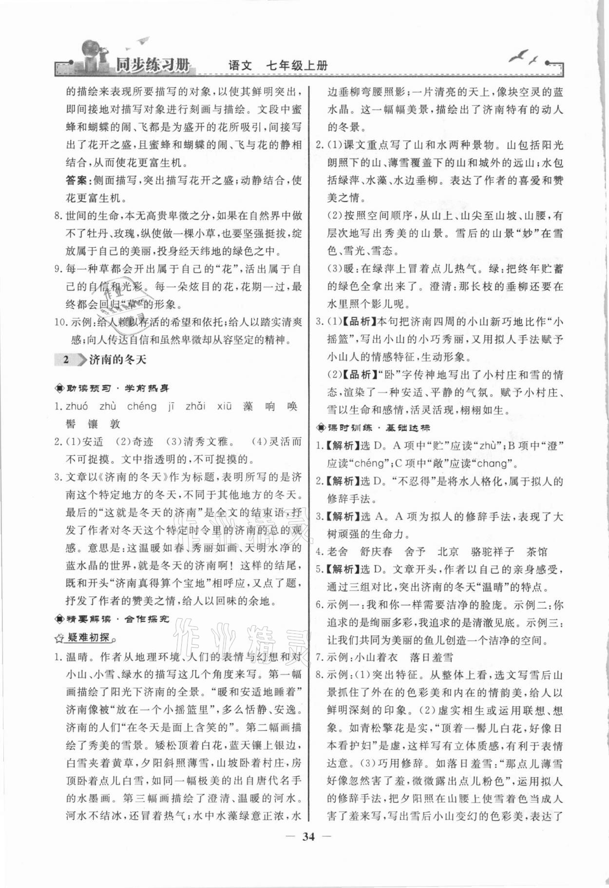 2021年同步练习册七年级语文上册人教版江苏专版人民教育出版社 第2页