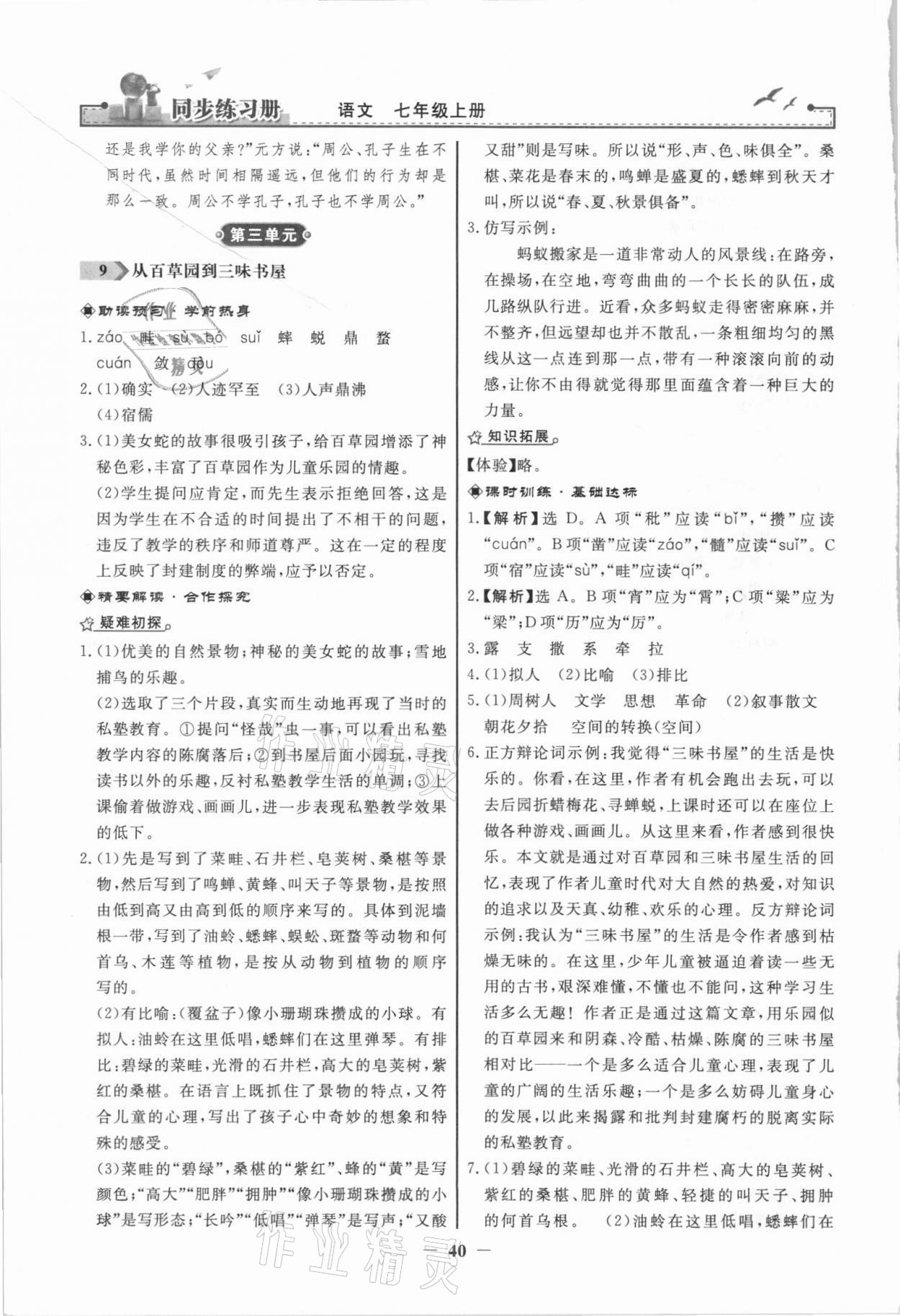 2021年同步练习册七年级语文上册人教版江苏专版人民教育出版社 第8页