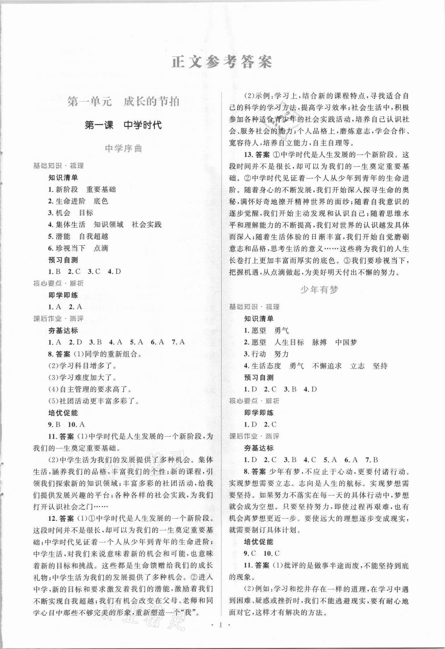 2021年同步解析與測評學(xué)考練七年級道德與法治上冊人教版精編版 參考答案第1頁