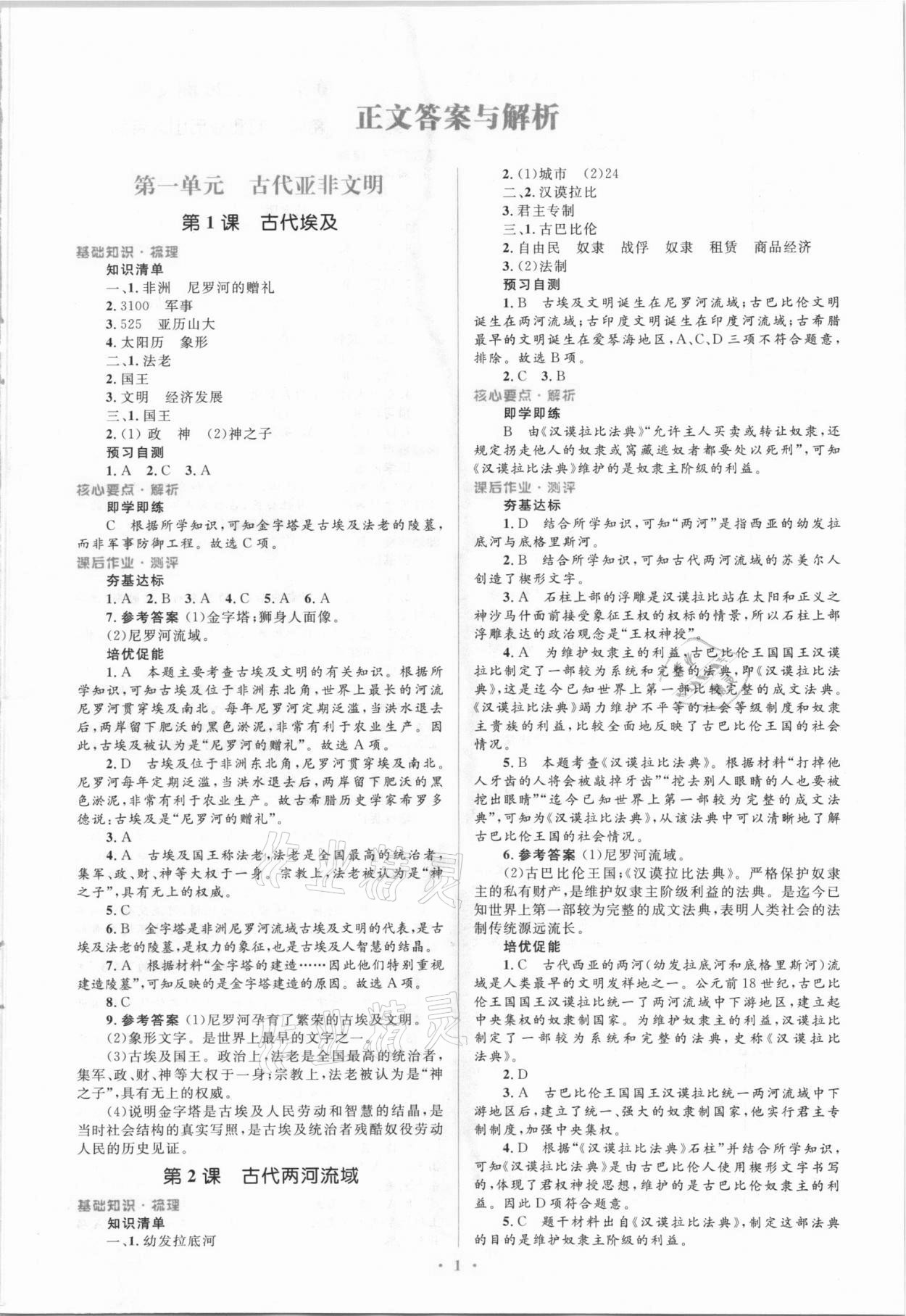 2021年同步解析與測評學考練九年級歷史上冊人教版精編版 參考答案第1頁