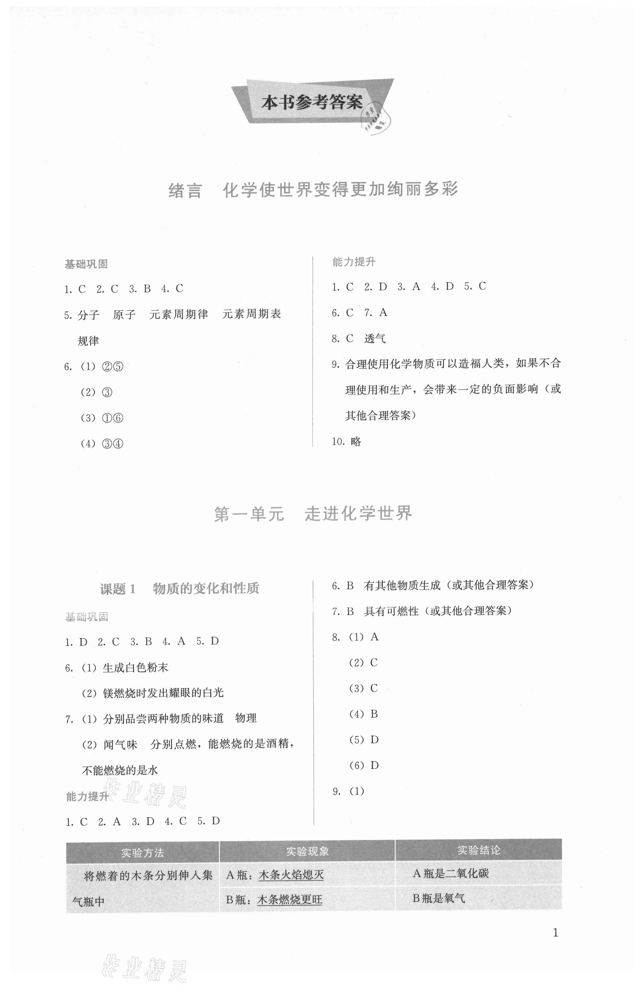 2021年人教金学典同步解析与测评九年级化学上册人教版 第1页