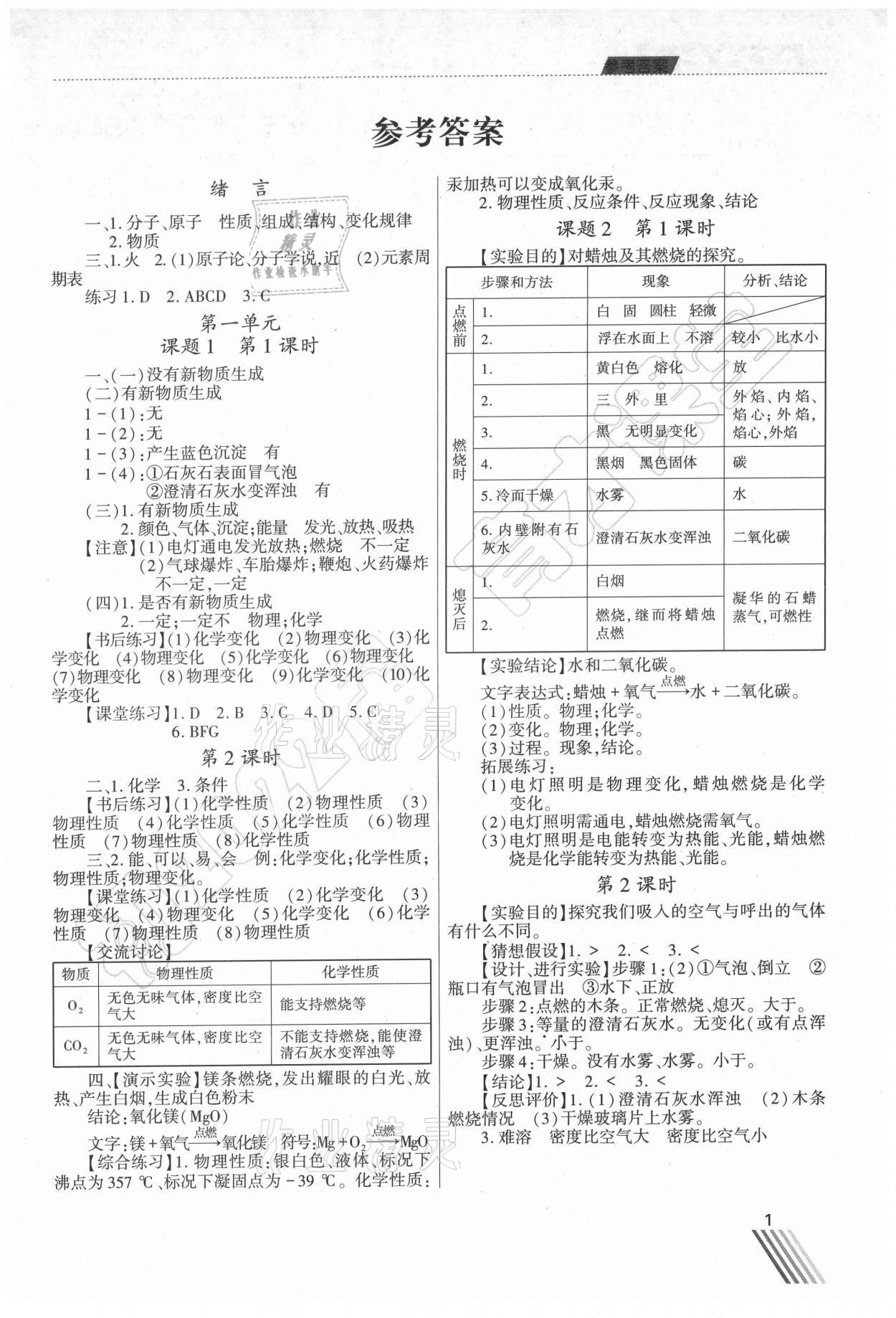 2021年育才课堂教学案九年级化学上册人教版 第1页