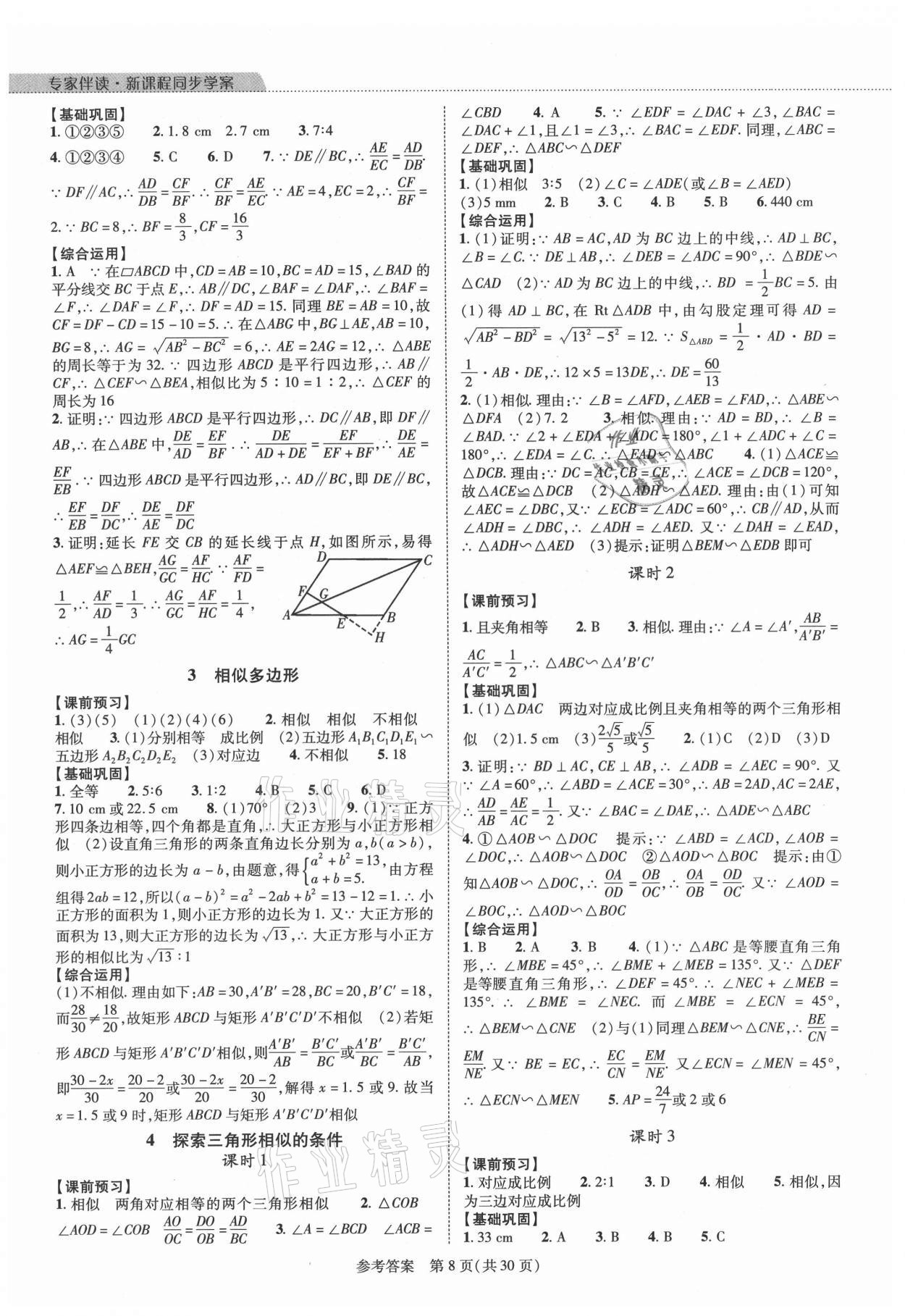 2021年新課程同步學案九年級數(shù)學全一冊北師大版 參考答案第8頁