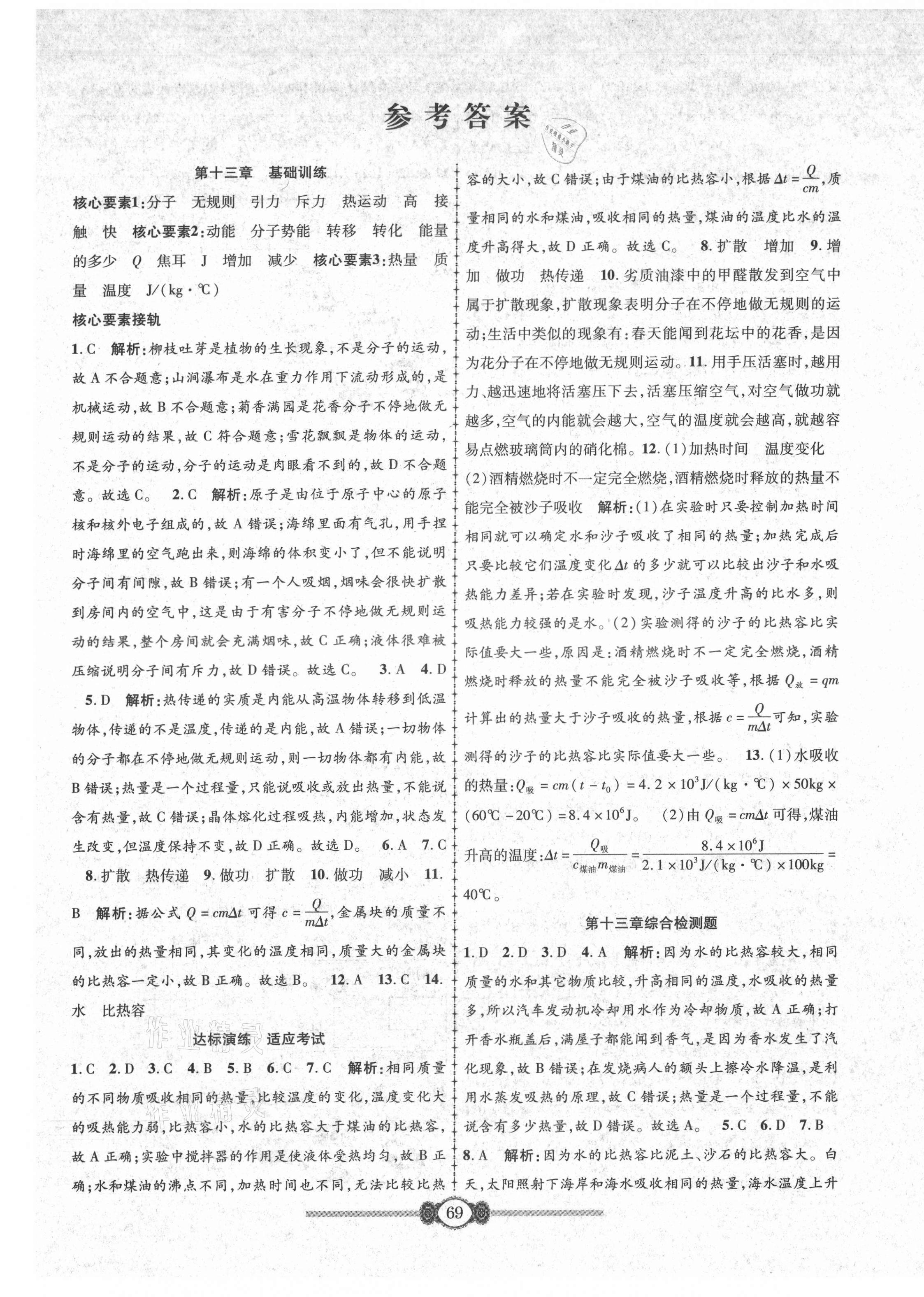 2021年金榜名卷單元加期末九年級物理全一冊人教版 參考答案第1頁