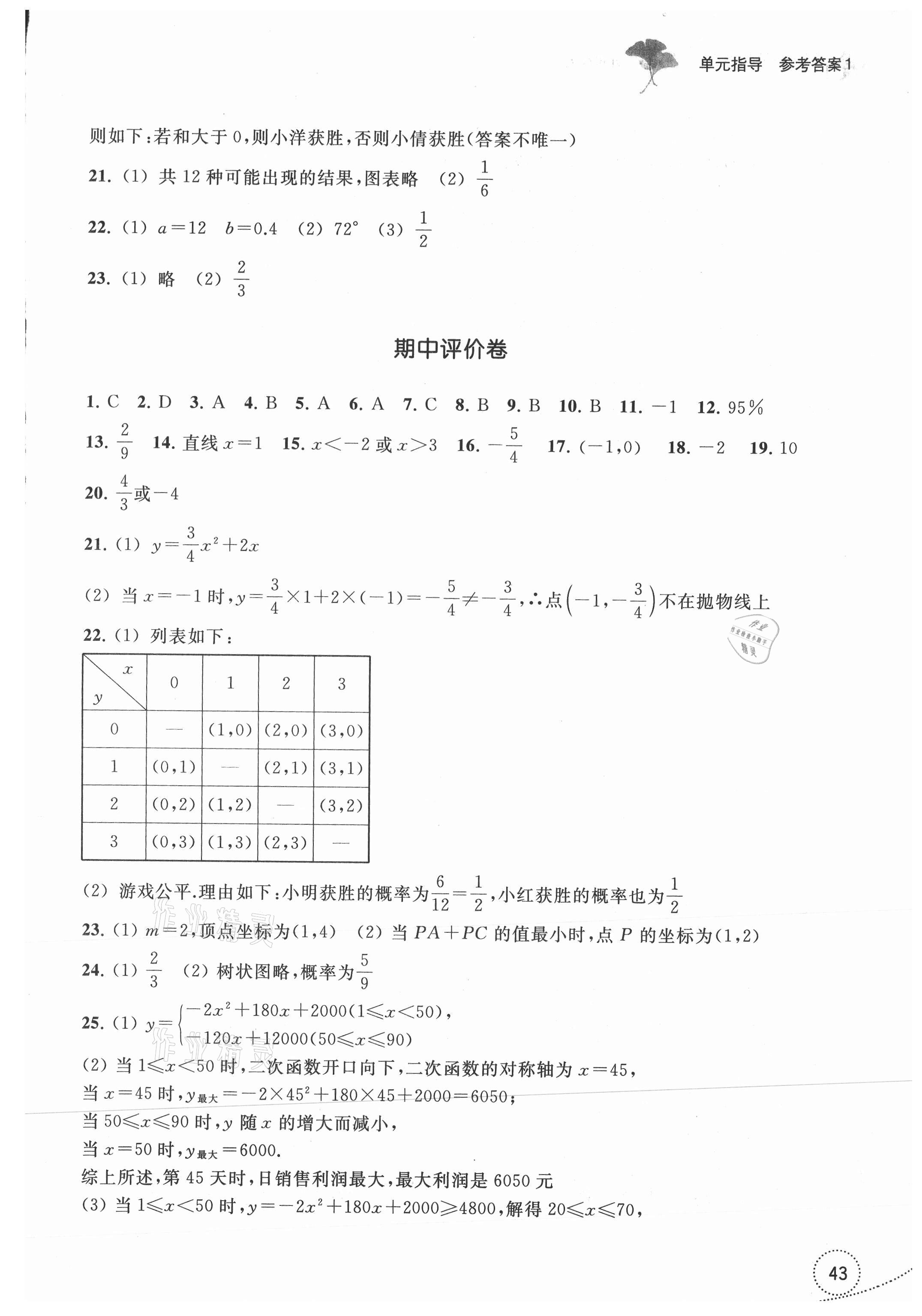 2021年学习指导与评价九年级数学上册浙教版 参考答案第3页