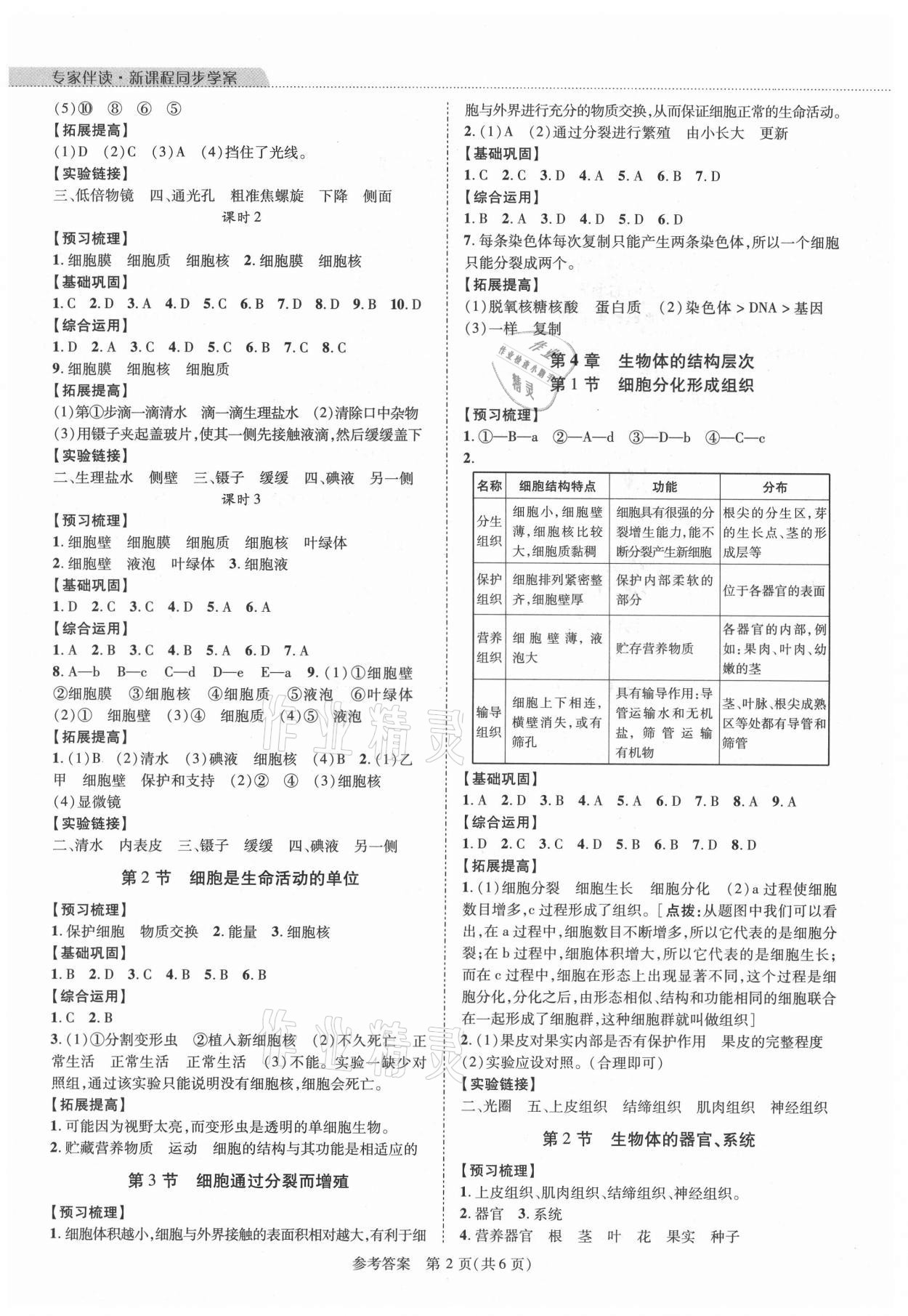 2021年新课程同步学案七年级生物上册北师大版 参考答案第2页