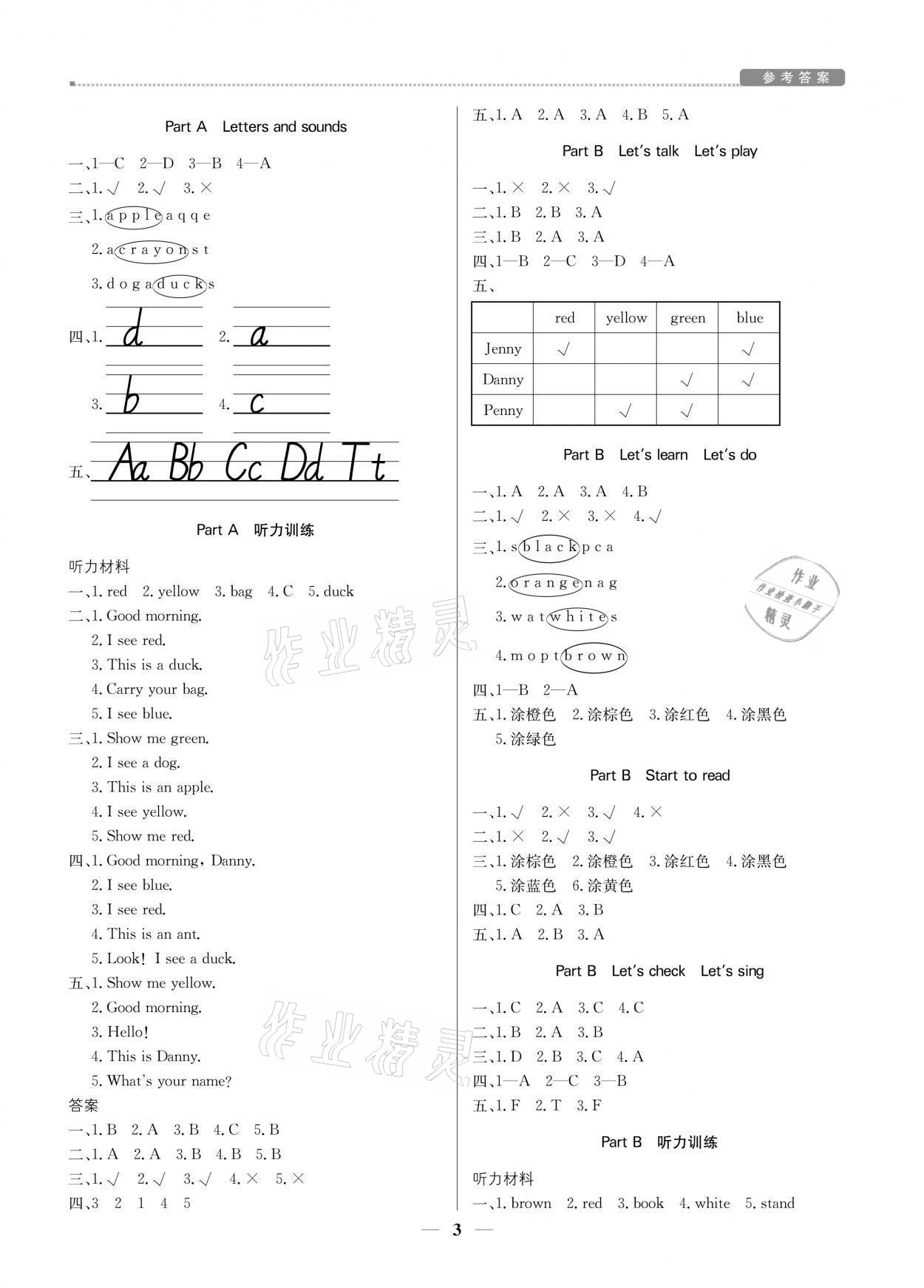 2021年提分教練三年級(jí)英語上冊(cè)人教PEP版 參考答案第3頁