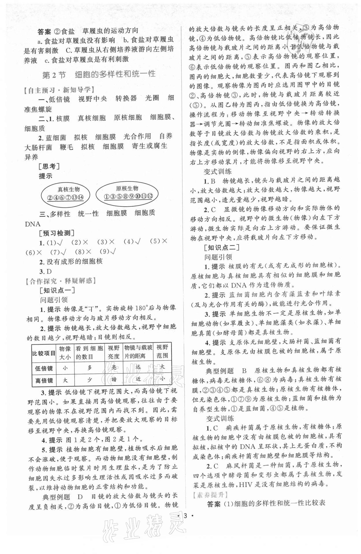 2021年高中同步测控优化设计生物必修1分子与细胞增强版 参考答案第2页