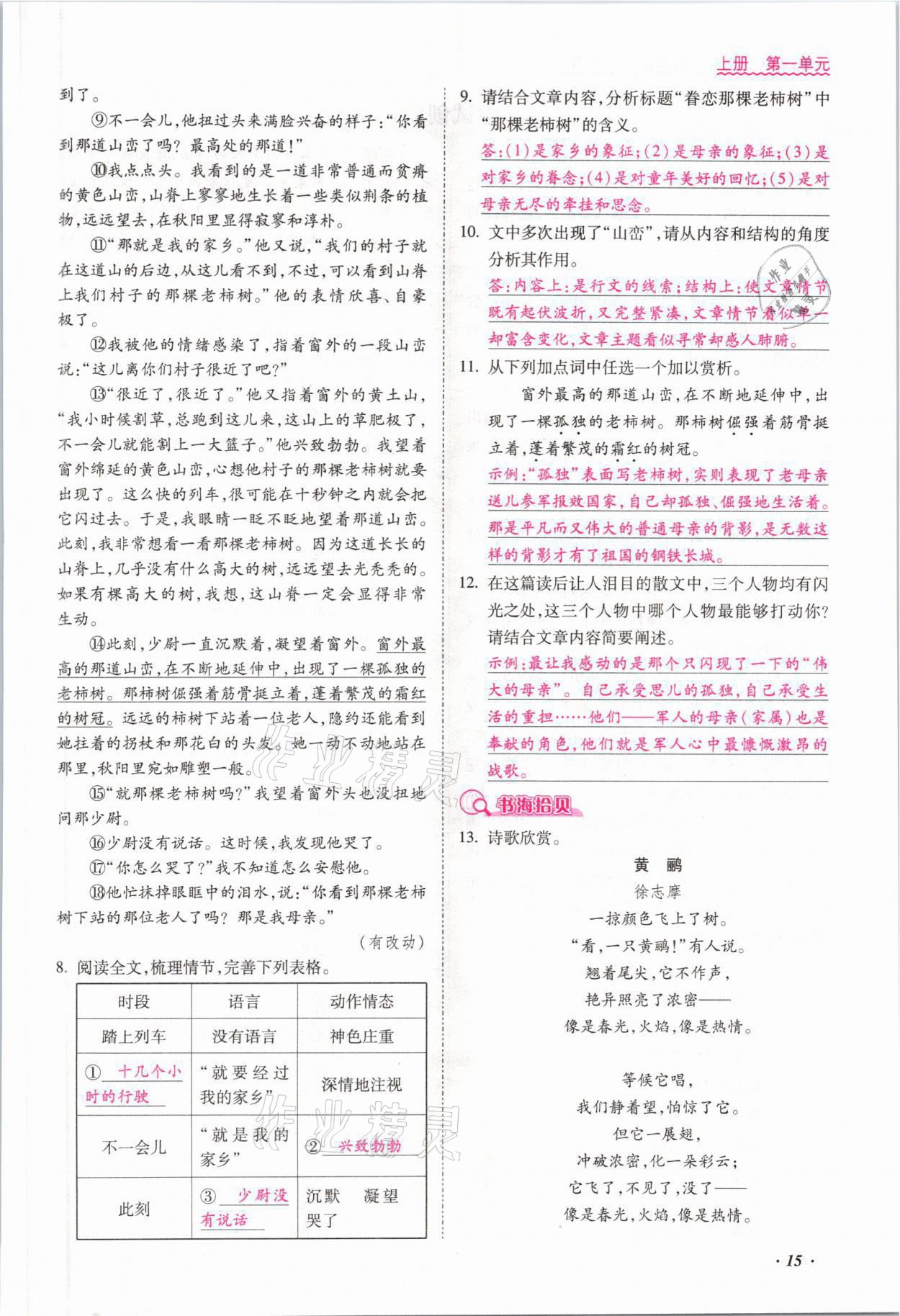 2021年本土攻略九年级语文全一册人教版 参考答案第15页