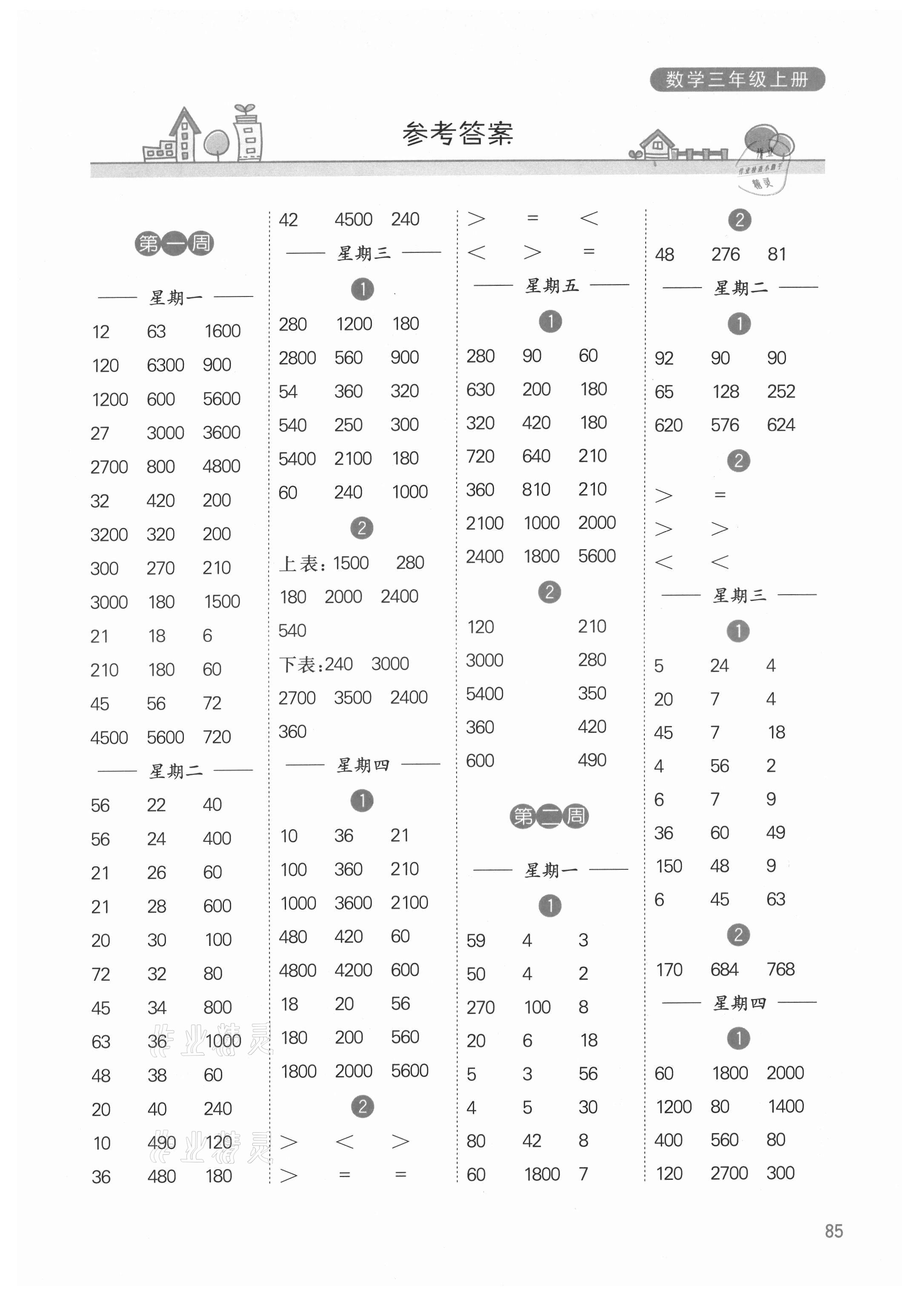 2021年计算小状元三年级数学上册苏教版 参考答案第1页