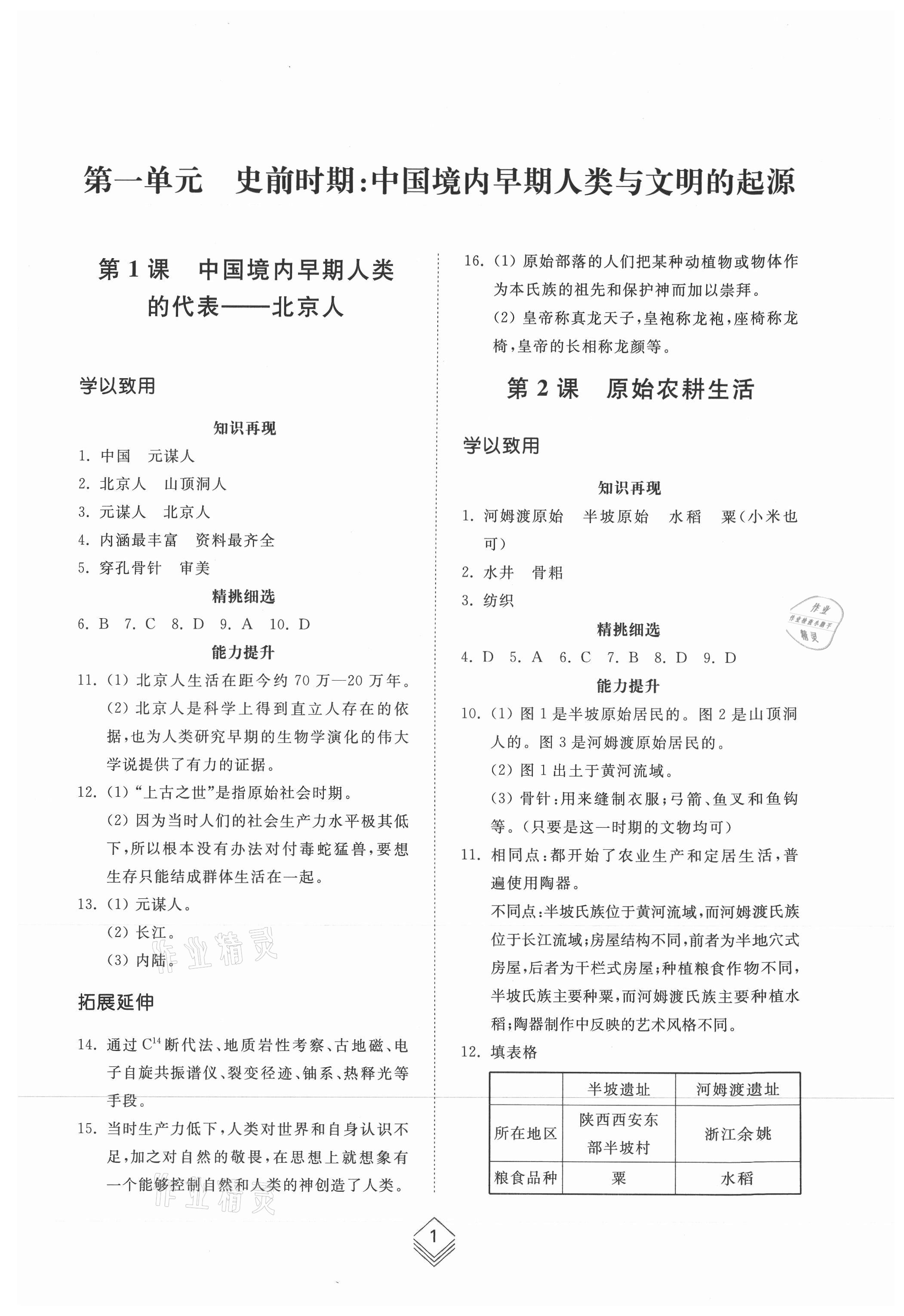 2021年綜合能力訓練中國歷史第一冊人教版54制 參考答案第1頁