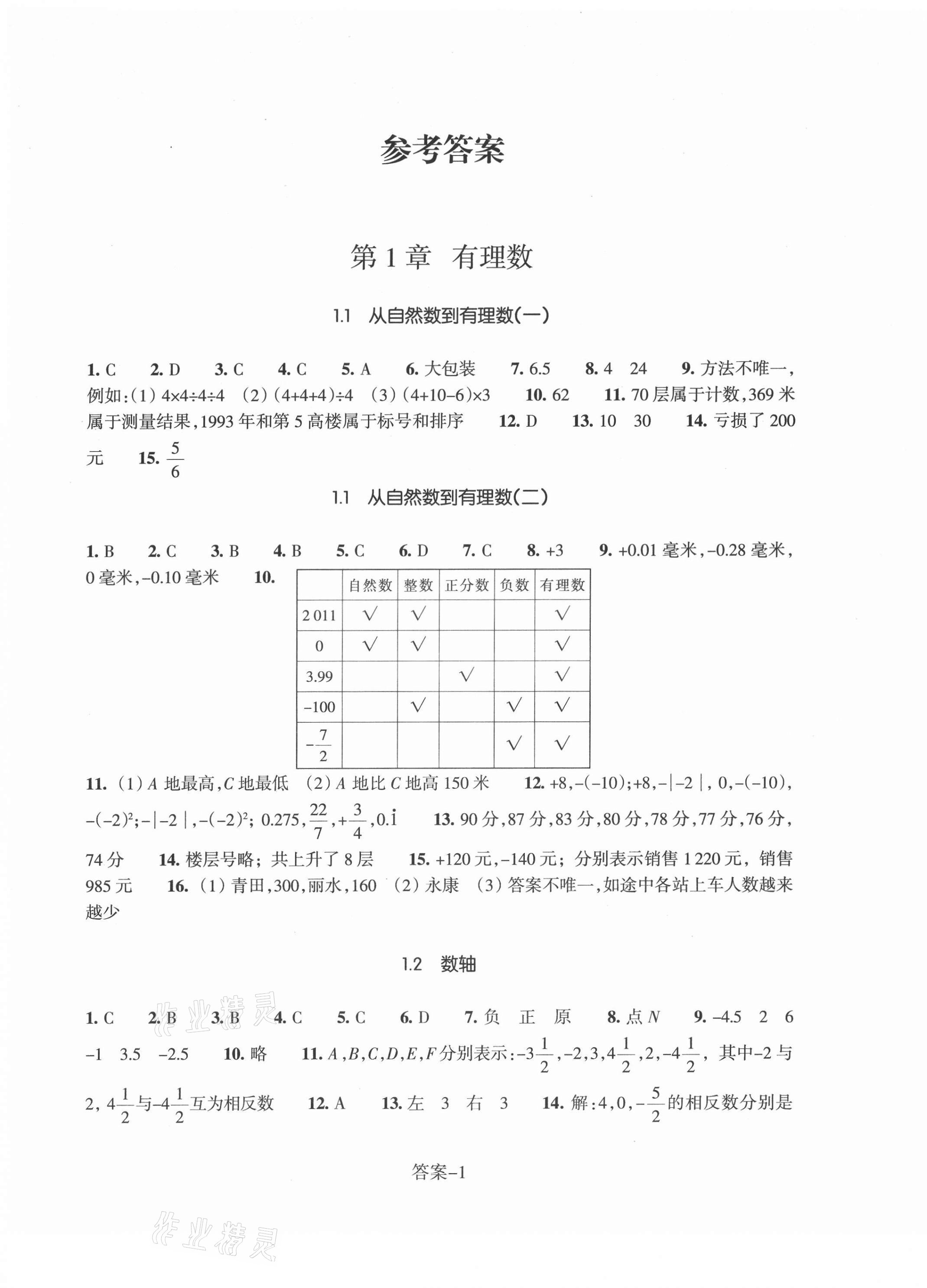 2021年每课一练浙江少年儿童出版社七年级数学上册浙教版 参考答案第1页