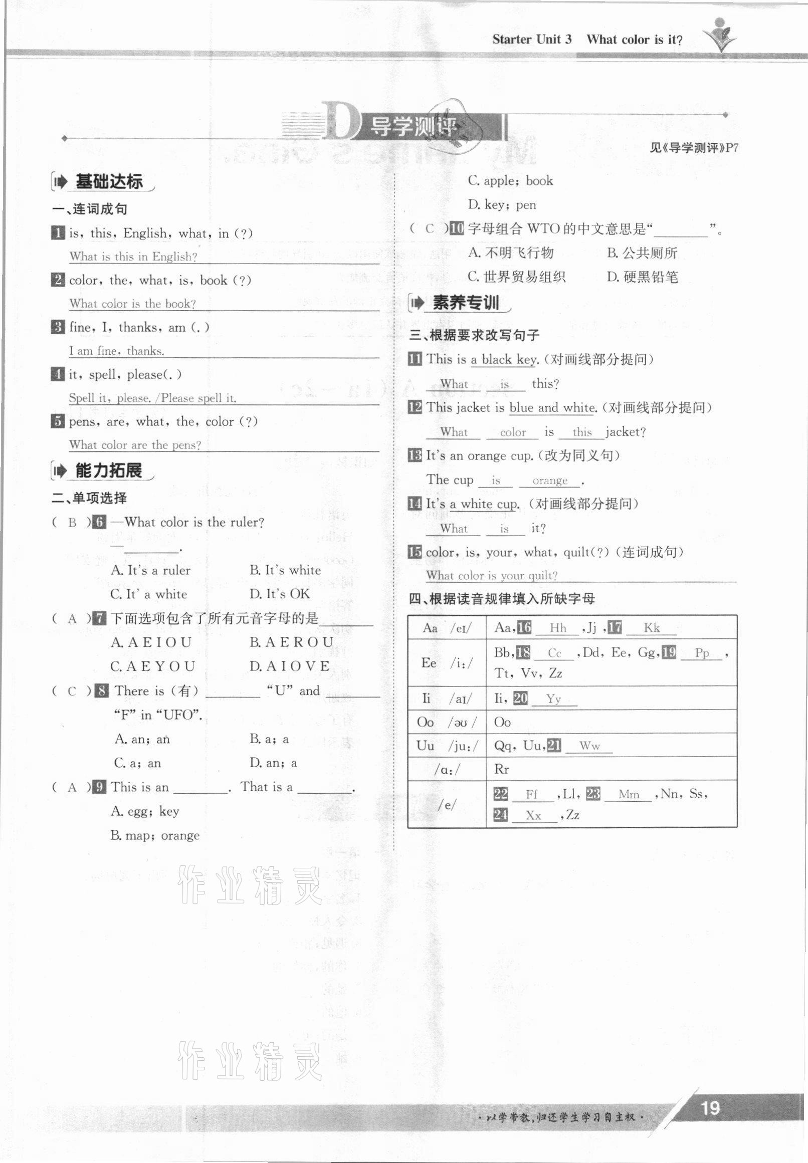 2021年金太阳导学测评七年级英语上册人教版 参考答案第19页