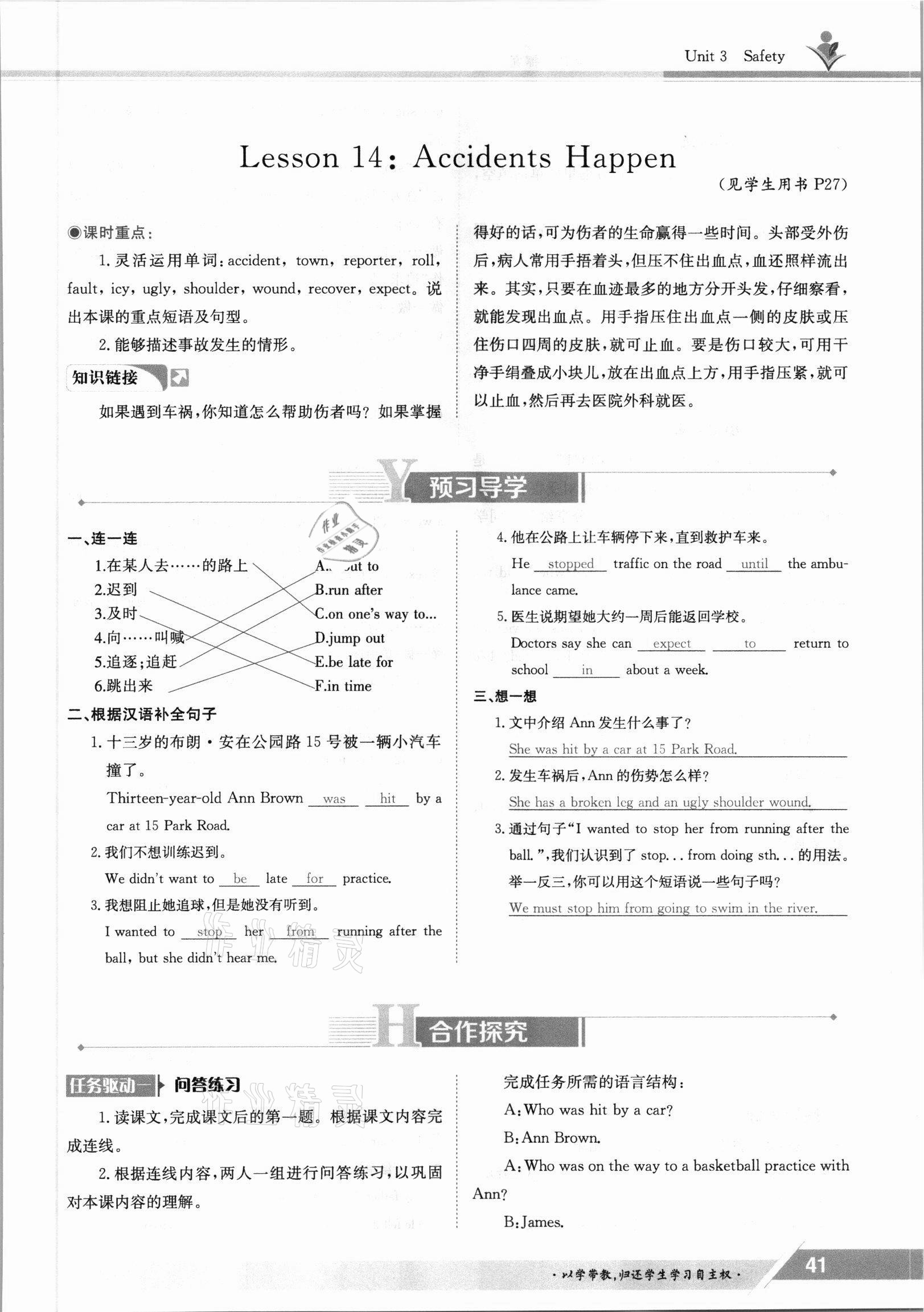 2021年金太阳导学测评九年级英语全一册冀教版 参考答案第41页