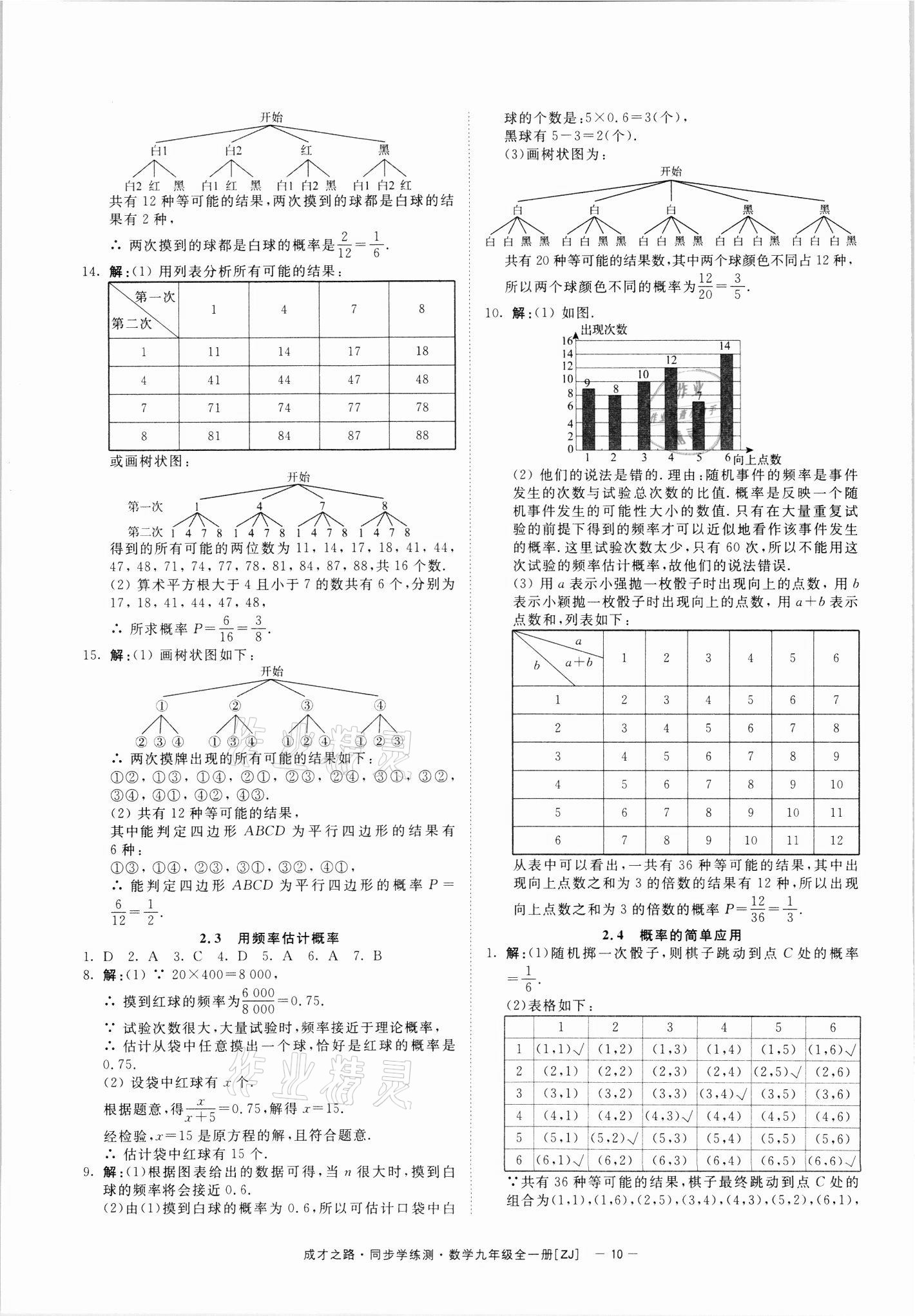 2021年同步學練測九年級數(shù)學全一冊浙教版寧波出版社 參考答案第10頁