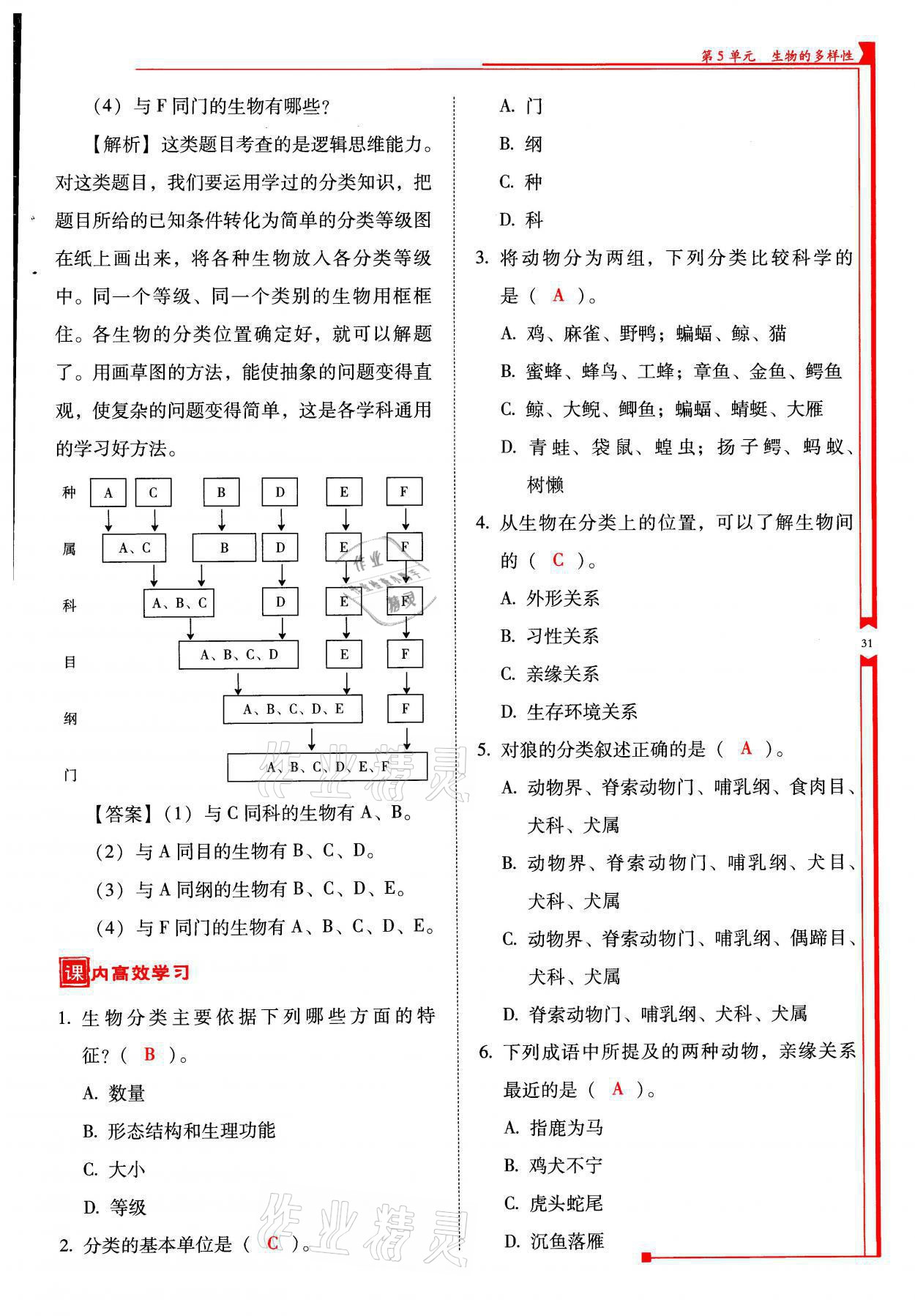 2021年云南省標準教輔優(yōu)佳學案八年級生物全一冊蘇教版 參考答案第31頁