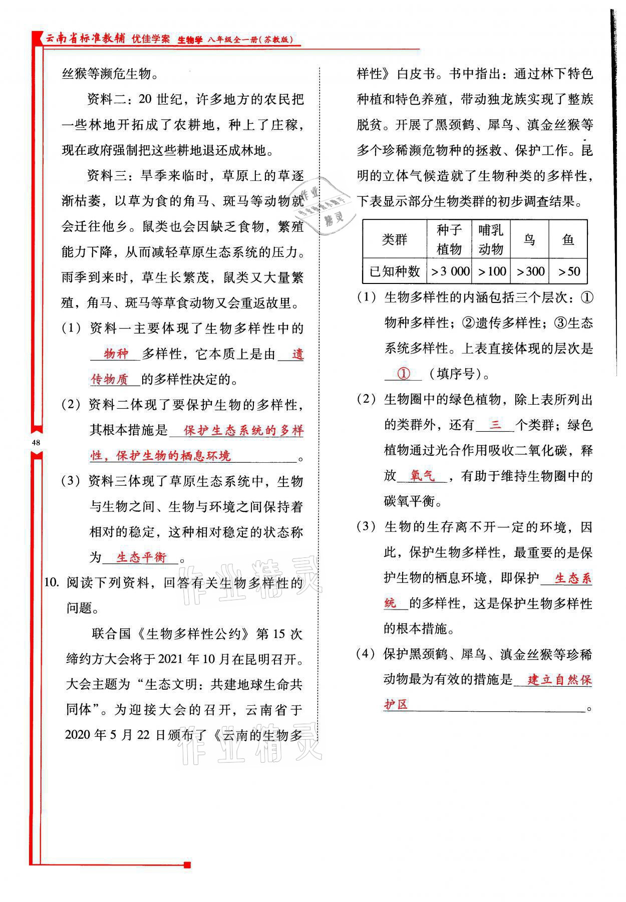 2021年云南省標準教輔優(yōu)佳學案八年級生物全一冊蘇教版 參考答案第48頁