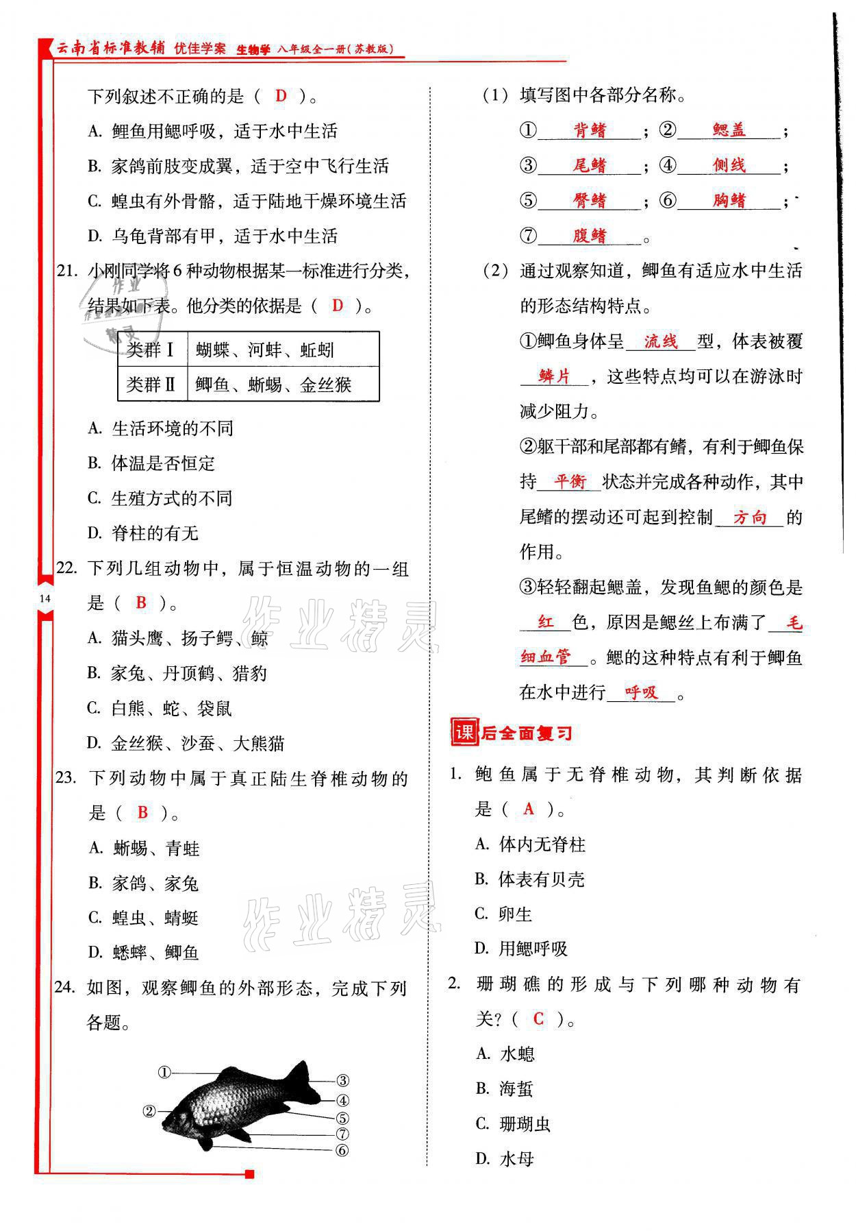 2021年云南省標(biāo)準(zhǔn)教輔優(yōu)佳學(xué)案八年級(jí)生物全一冊(cè)蘇教版 參考答案第14頁(yè)