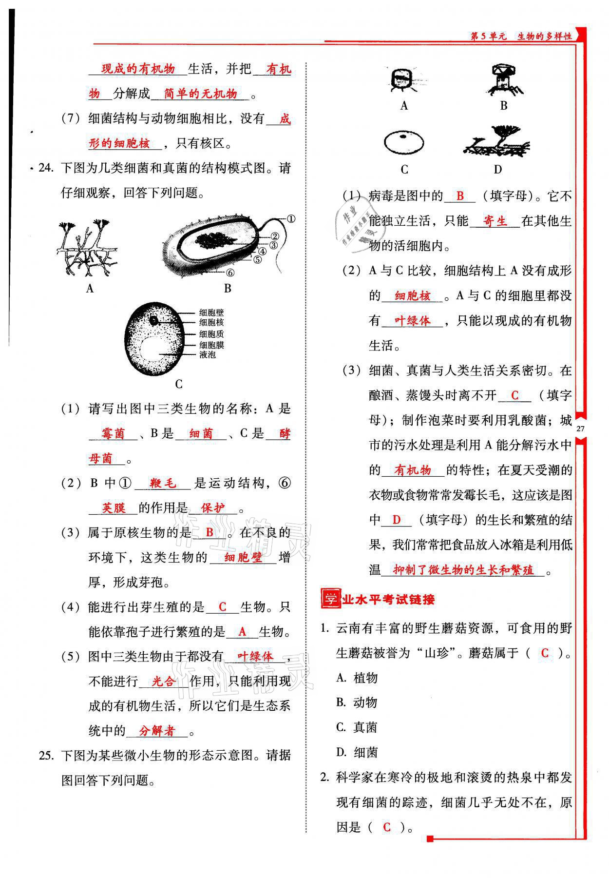 2021年云南省標(biāo)準(zhǔn)教輔優(yōu)佳學(xué)案八年級生物全一冊蘇教版 參考答案第27頁