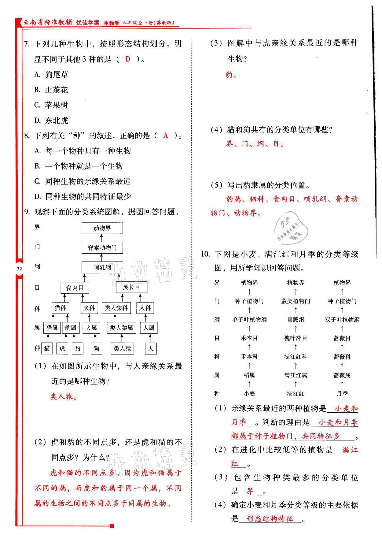 2021年云南省標(biāo)準(zhǔn)教輔優(yōu)佳學(xué)案八年級(jí)生物全一冊(cè)蘇教版 參考答案第32頁