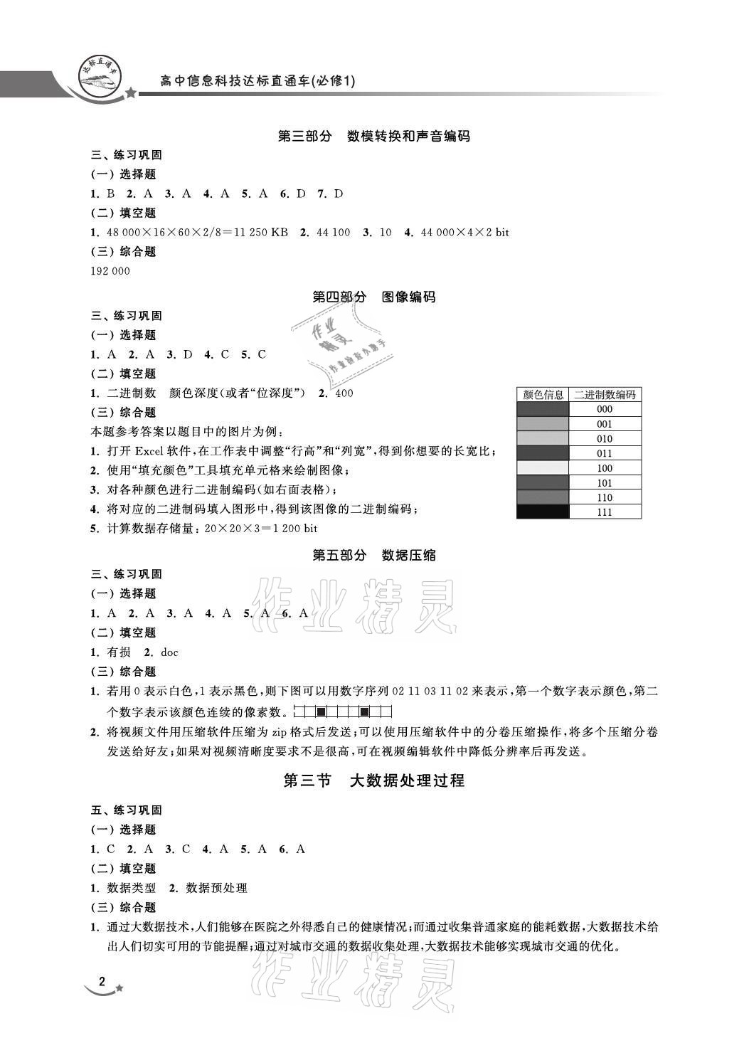 2021年达标直通车高中信息科技必修1沪教版 参考答案第2页