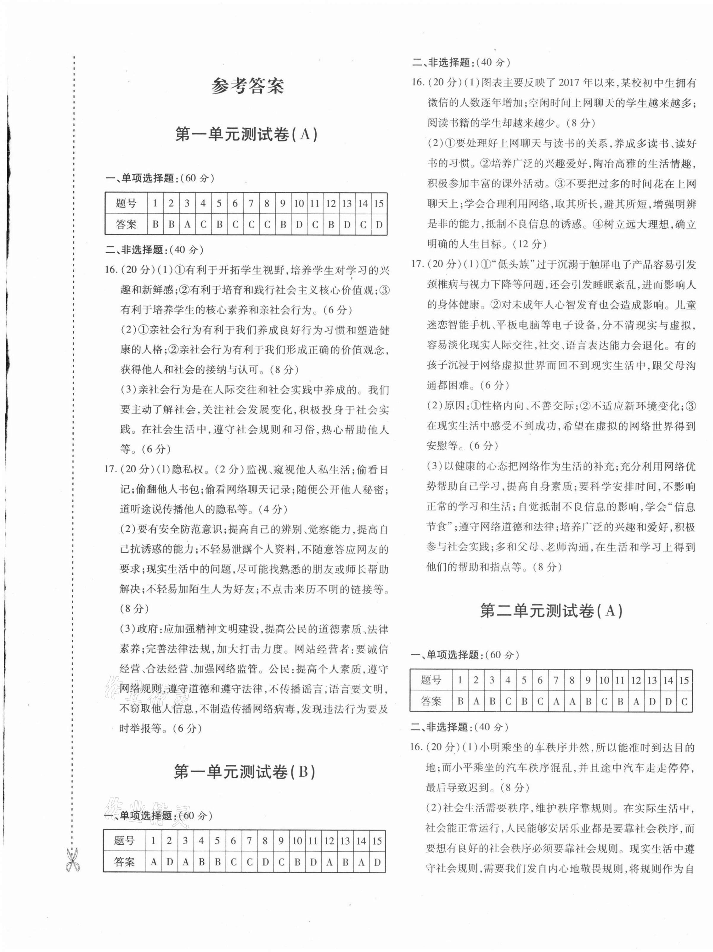 2021年優(yōu)學1+1評價與測試八年級道德與法治上冊人教版 參考答案第1頁