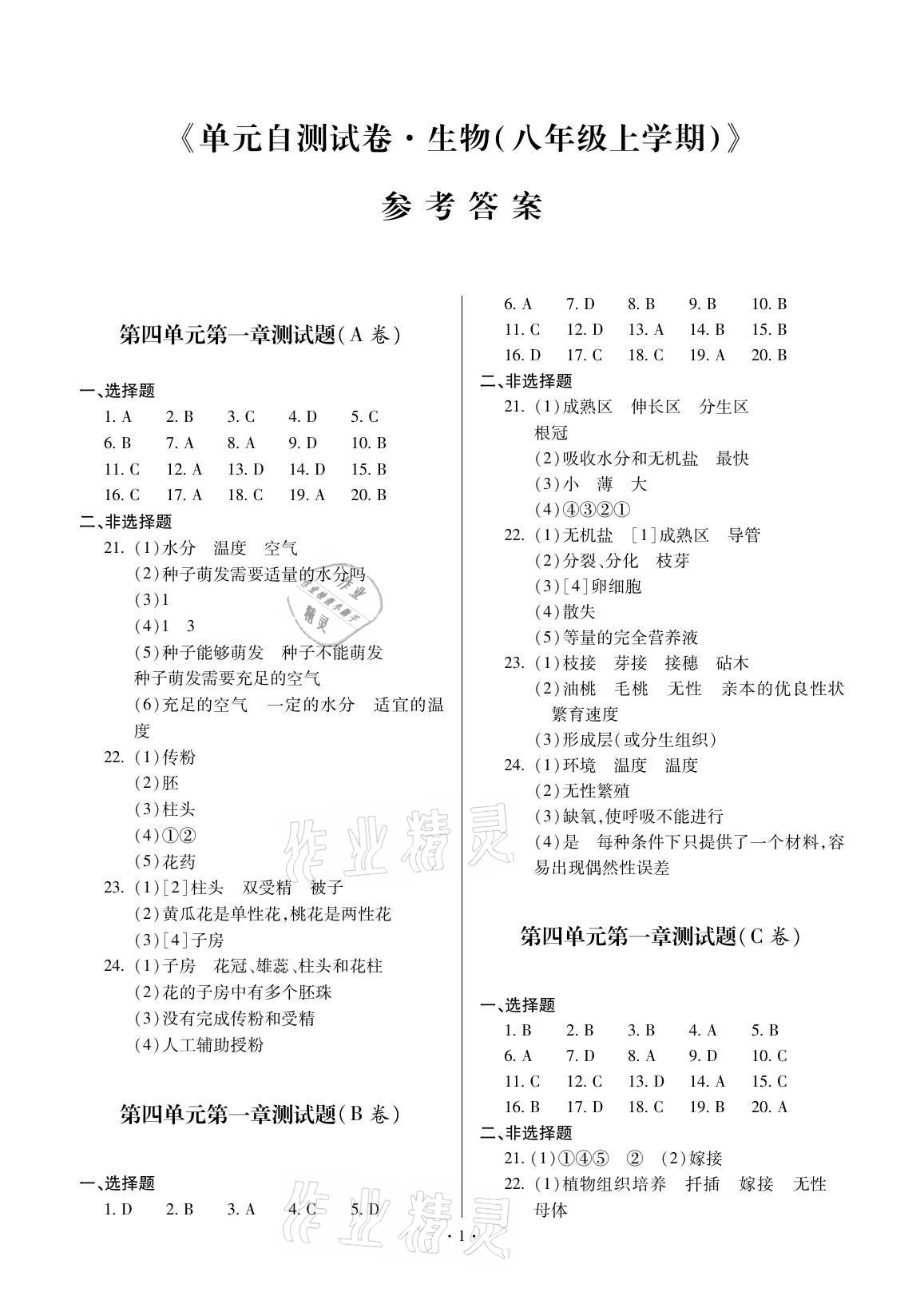 2021年單元自測(cè)試卷八年級(jí)生物上冊(cè)人教版 參考答案第1頁