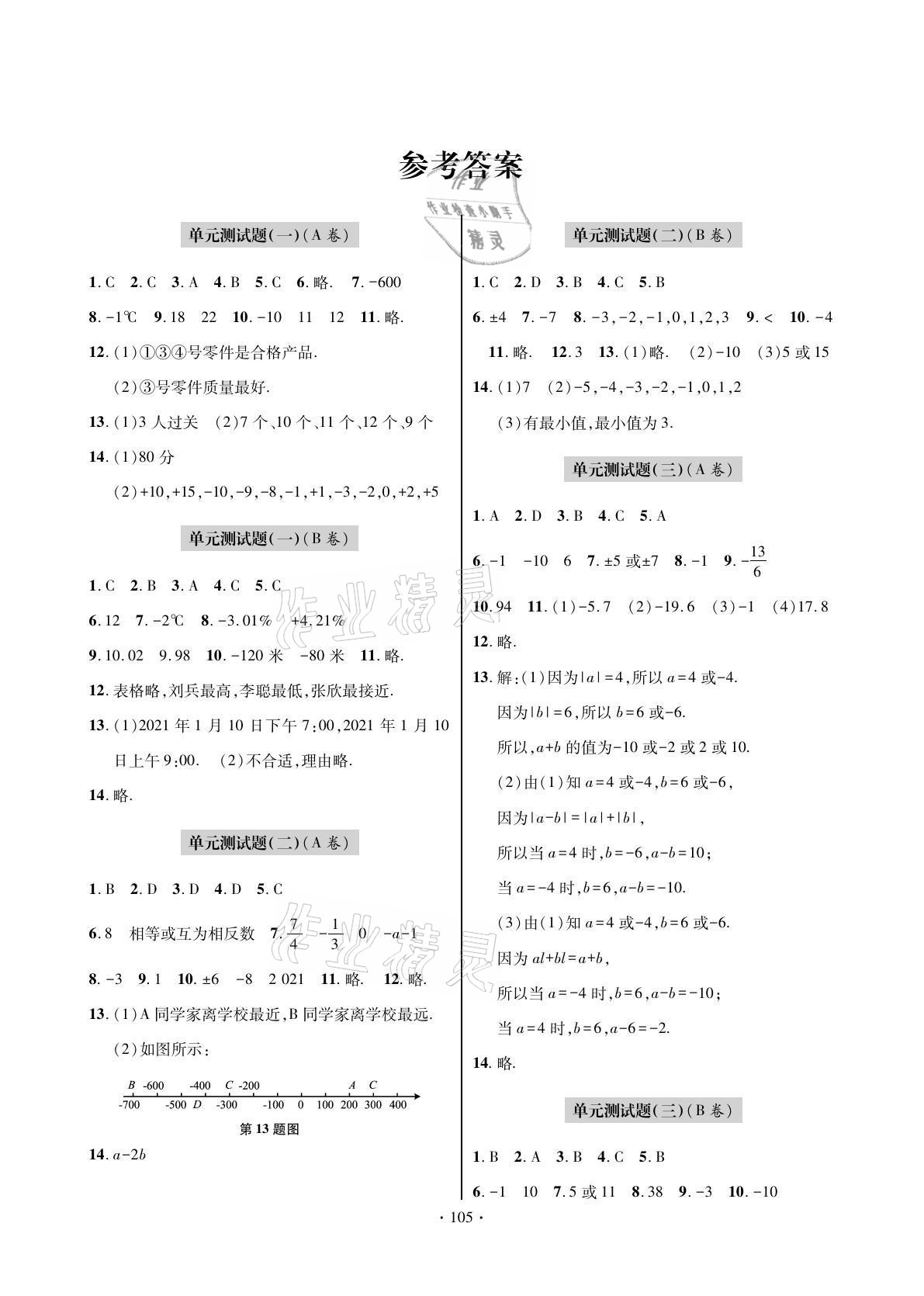 2021年單元自測試卷七年級數(shù)學(xué)上學(xué)期人教版 參考答案第1頁