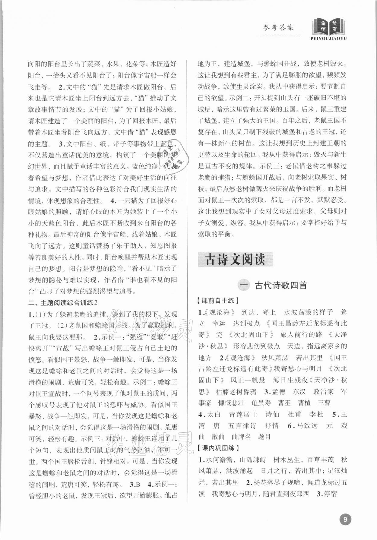 2021年初中語文大閱讀高效訓(xùn)練七年級上冊人教版浙江專版 參考答案第8頁