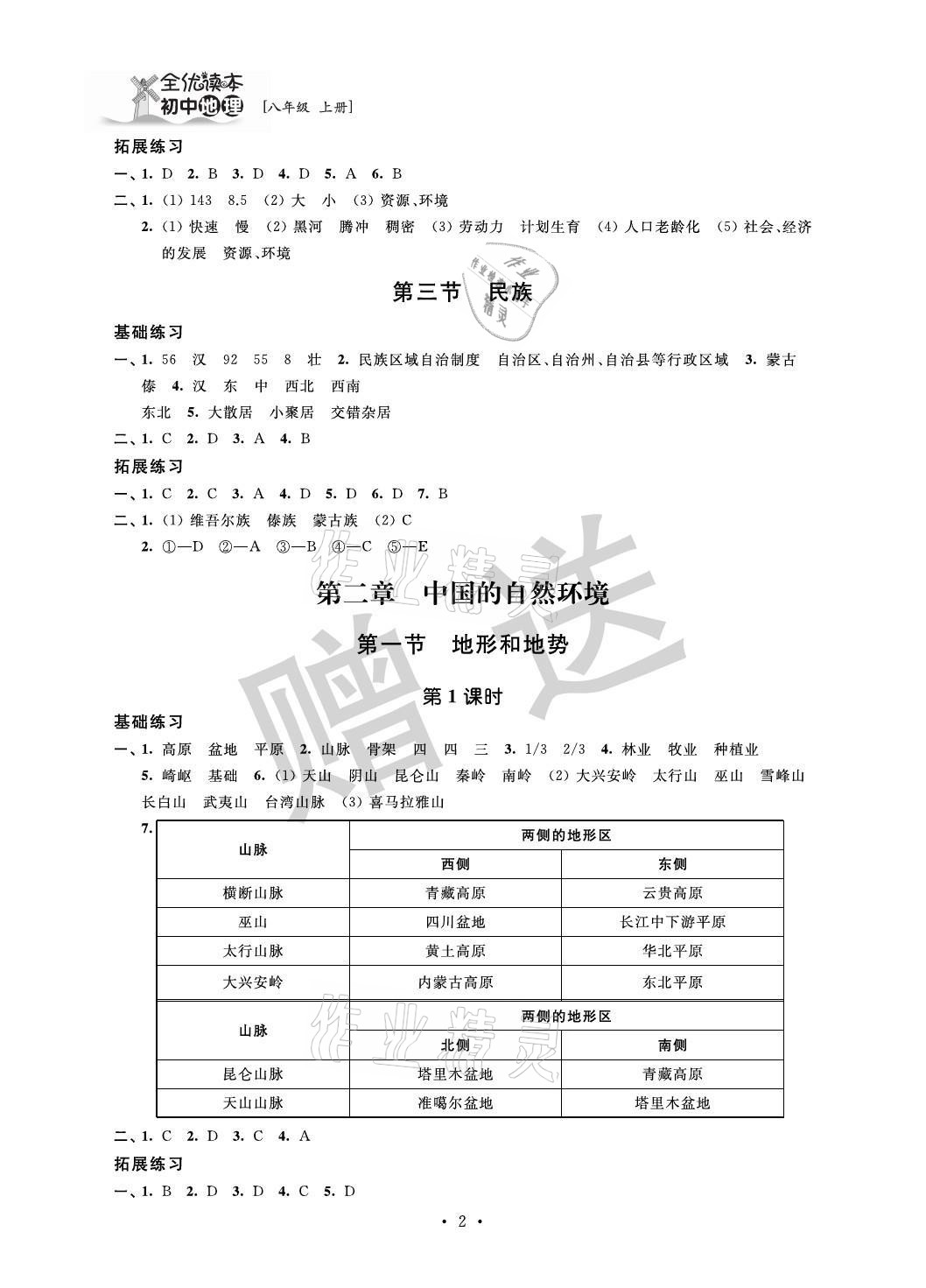 2021年全优读本八年级地理上册人教版&nbsp;参考答案第2页