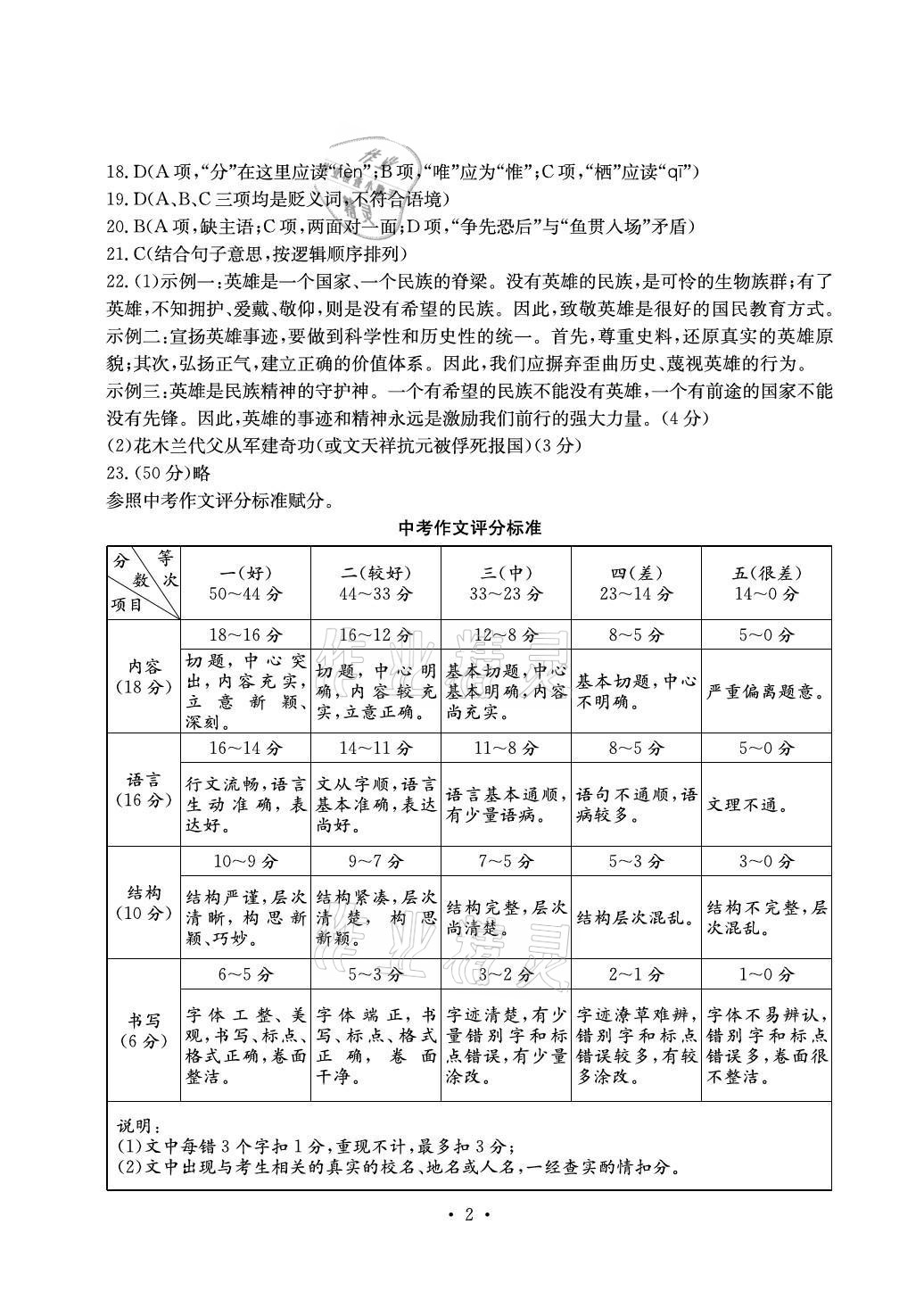 2021年大顯身手素質(zhì)教育單元測(cè)評(píng)卷九年級(jí)語文上冊(cè)人教版檢2百色專版 參考答案第2頁(yè)