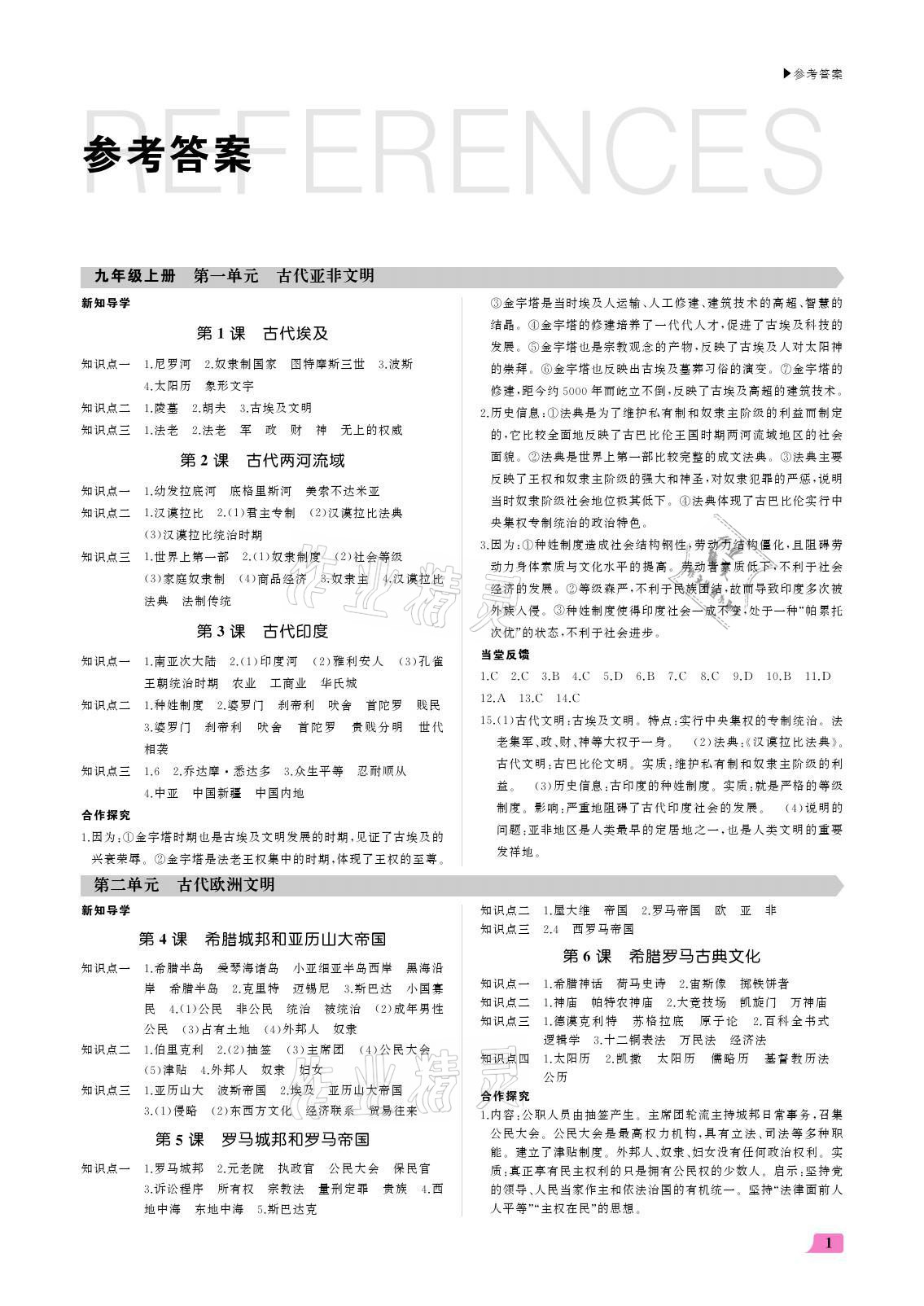 2021年超越訓(xùn)練九年級歷史全一冊人教版 參考答案第1頁