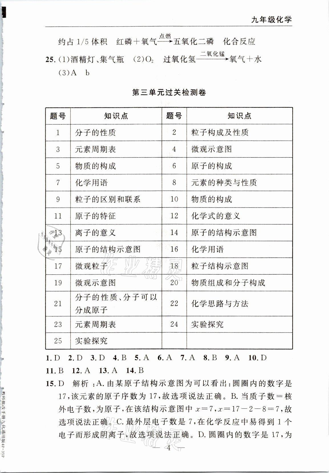 2021年智慧課堂密卷100分單元過關(guān)檢測九年級化學(xué)上冊人教版十堰專版 參考答案第4頁