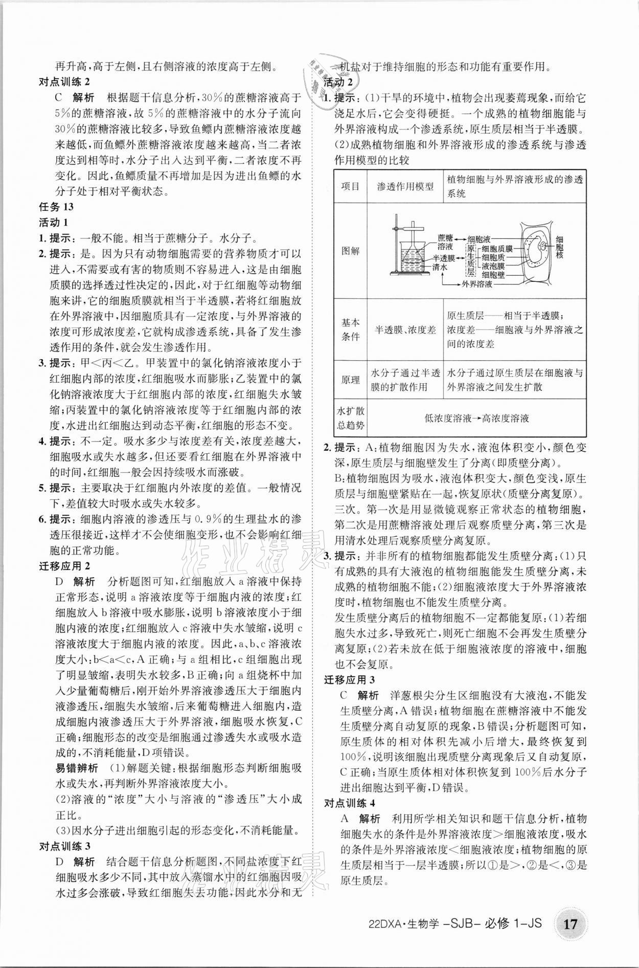 2021年金太陽導(dǎo)學(xué)案生物必修1蘇教版 參考答案第17頁