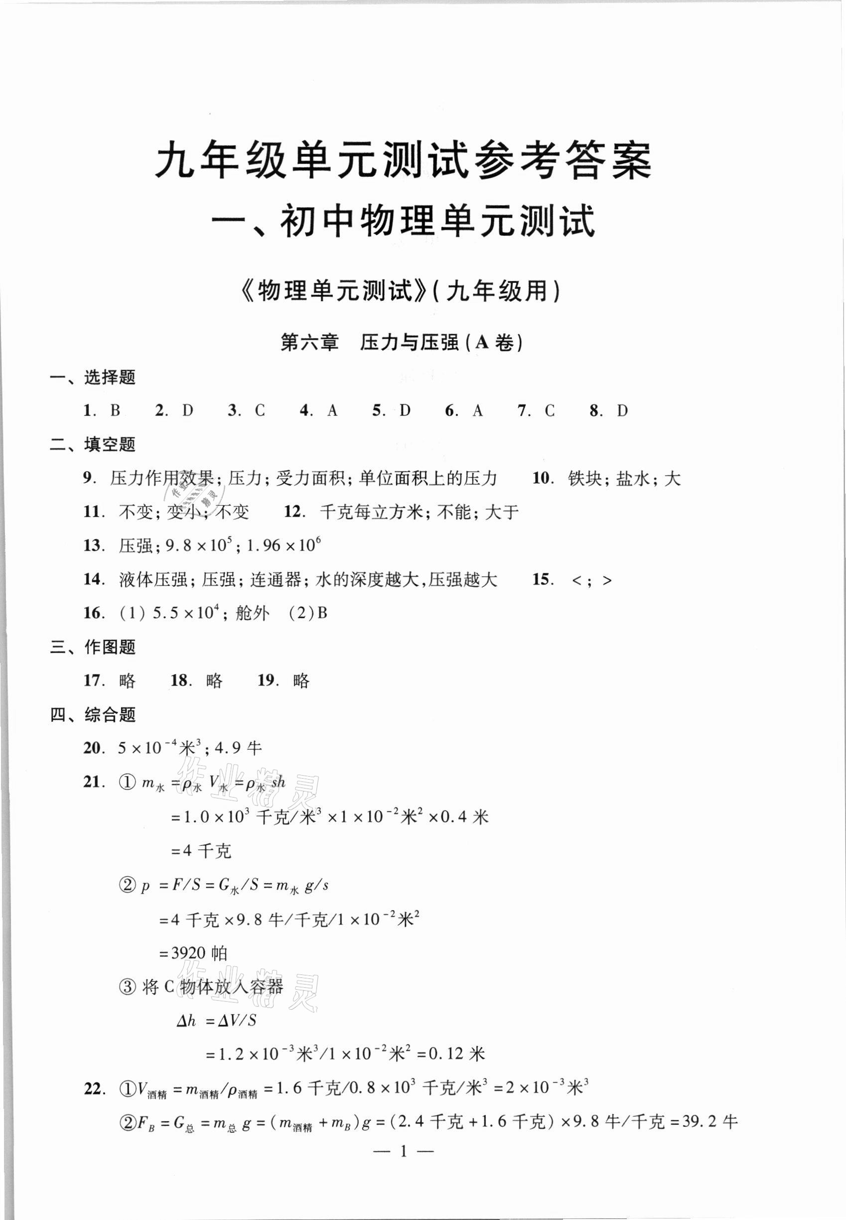 2021年初中物理双基过关堂堂练九年级全一册沪教版54制 参考答案第1页