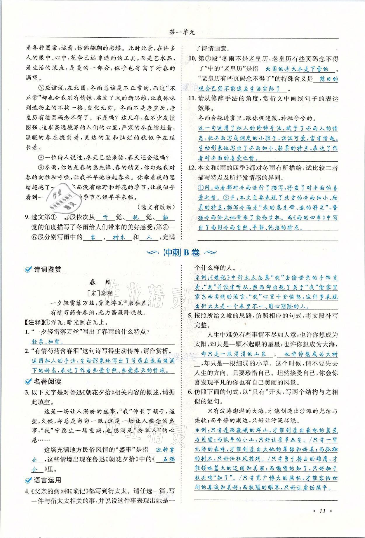 2021年蓉城學(xué)霸七年級語文上冊人教版 參考答案第11頁