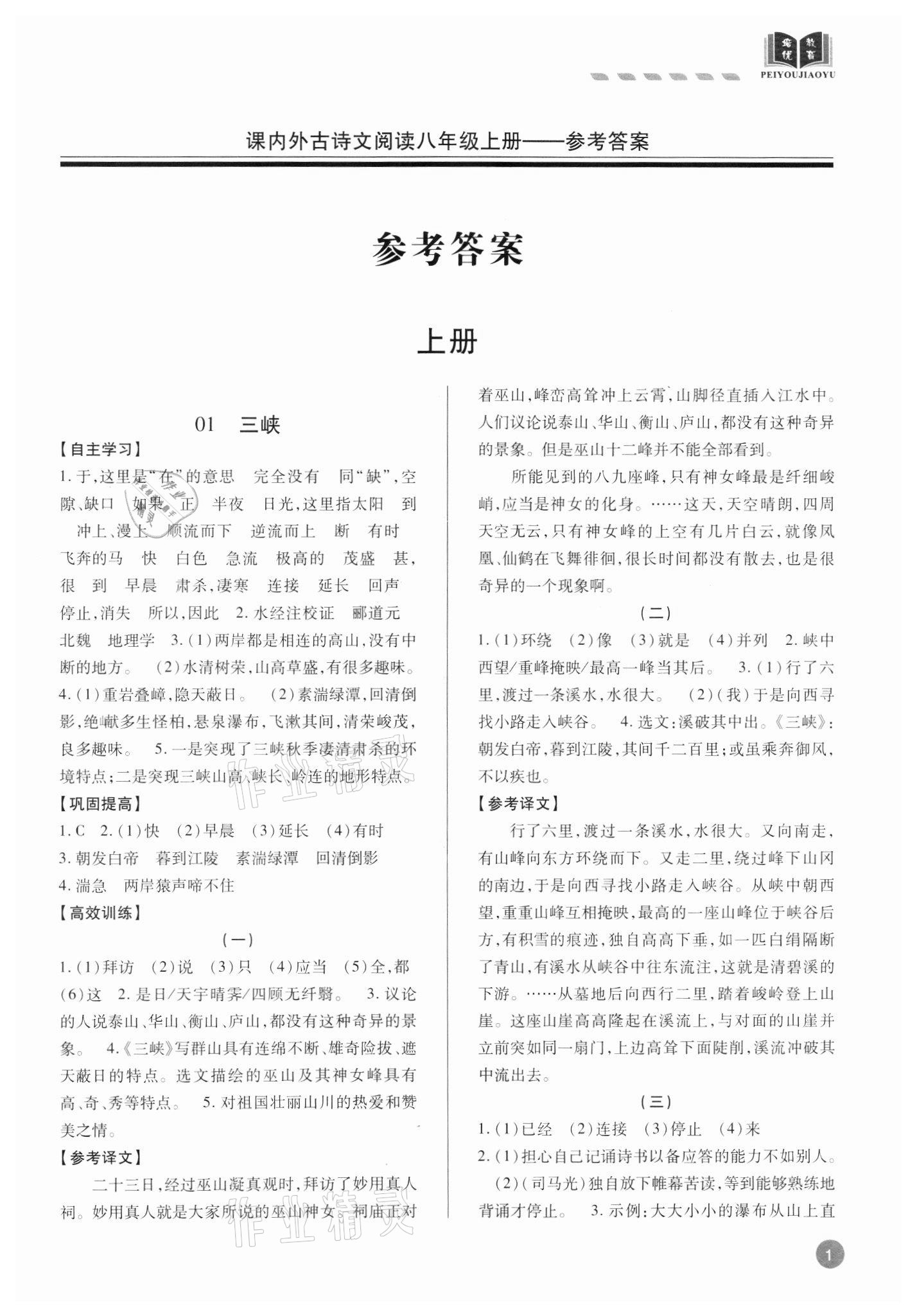 2021年專題攻略課內外古詩文閱讀高效訓練八年級 參考答案第1頁