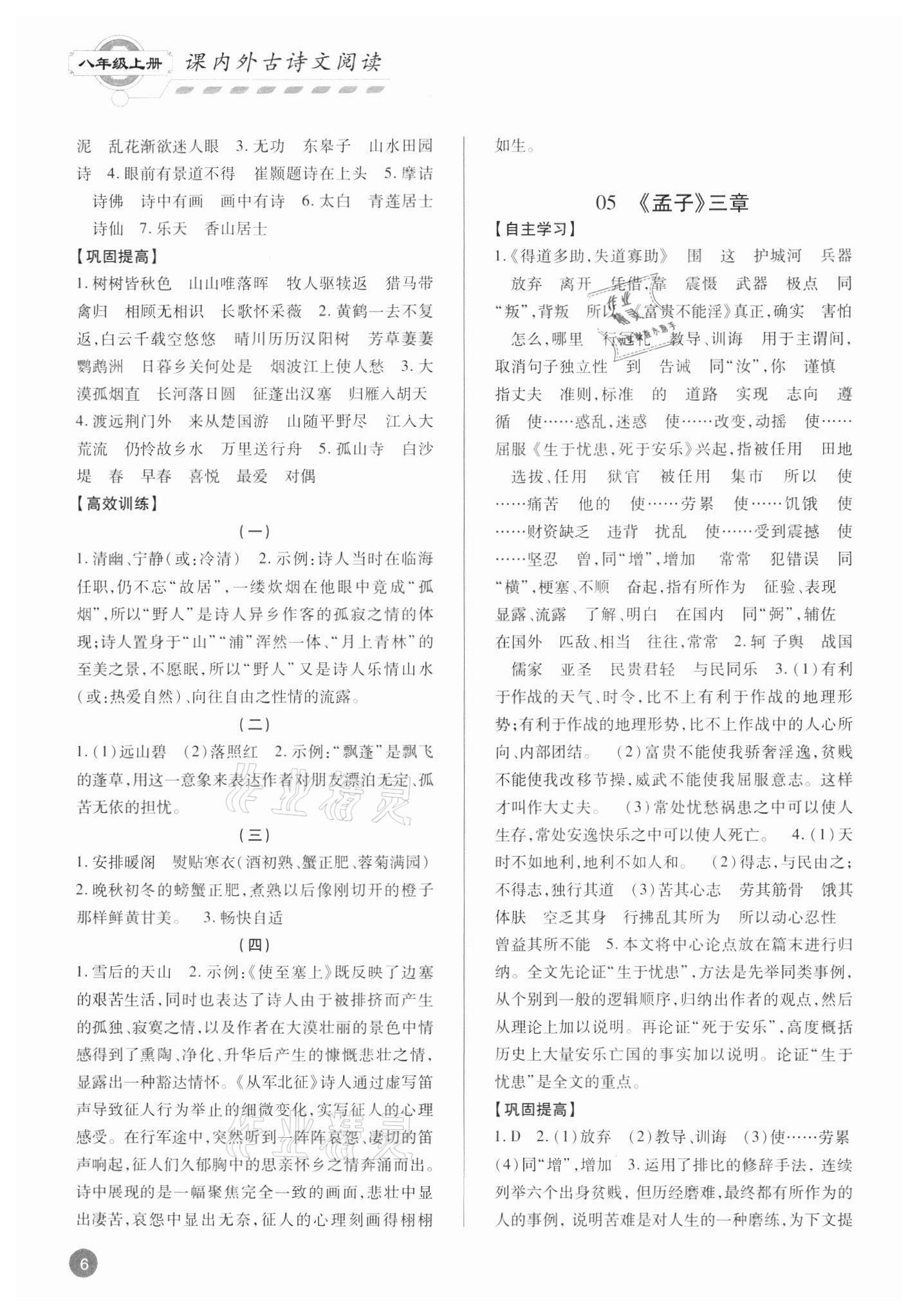 2021年专题攻略课内外古诗文阅读高效训练八年级&nbsp;参考答案第6页