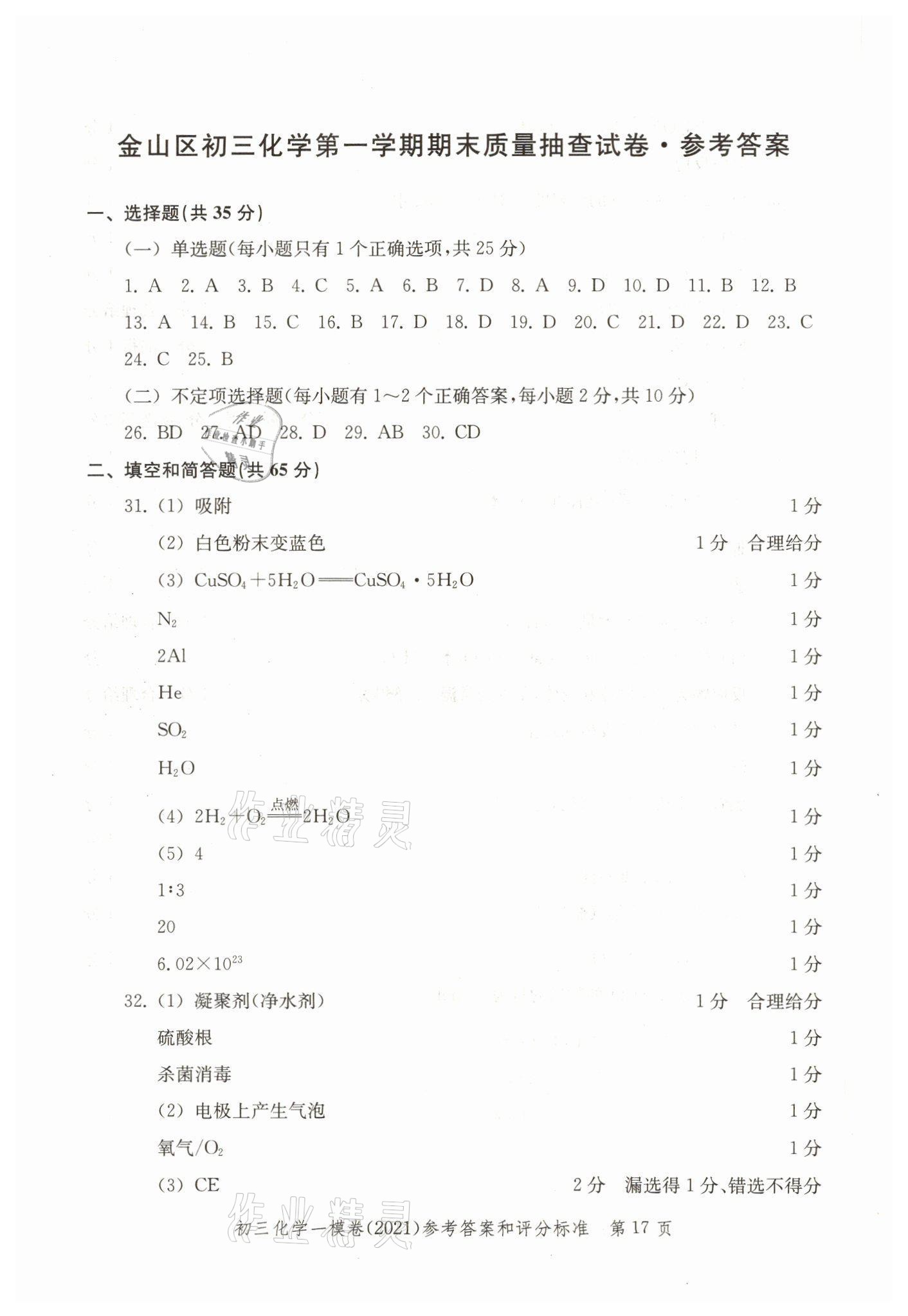 2021年文化课强化训练九年级化学上册沪教版 参考答案第17页