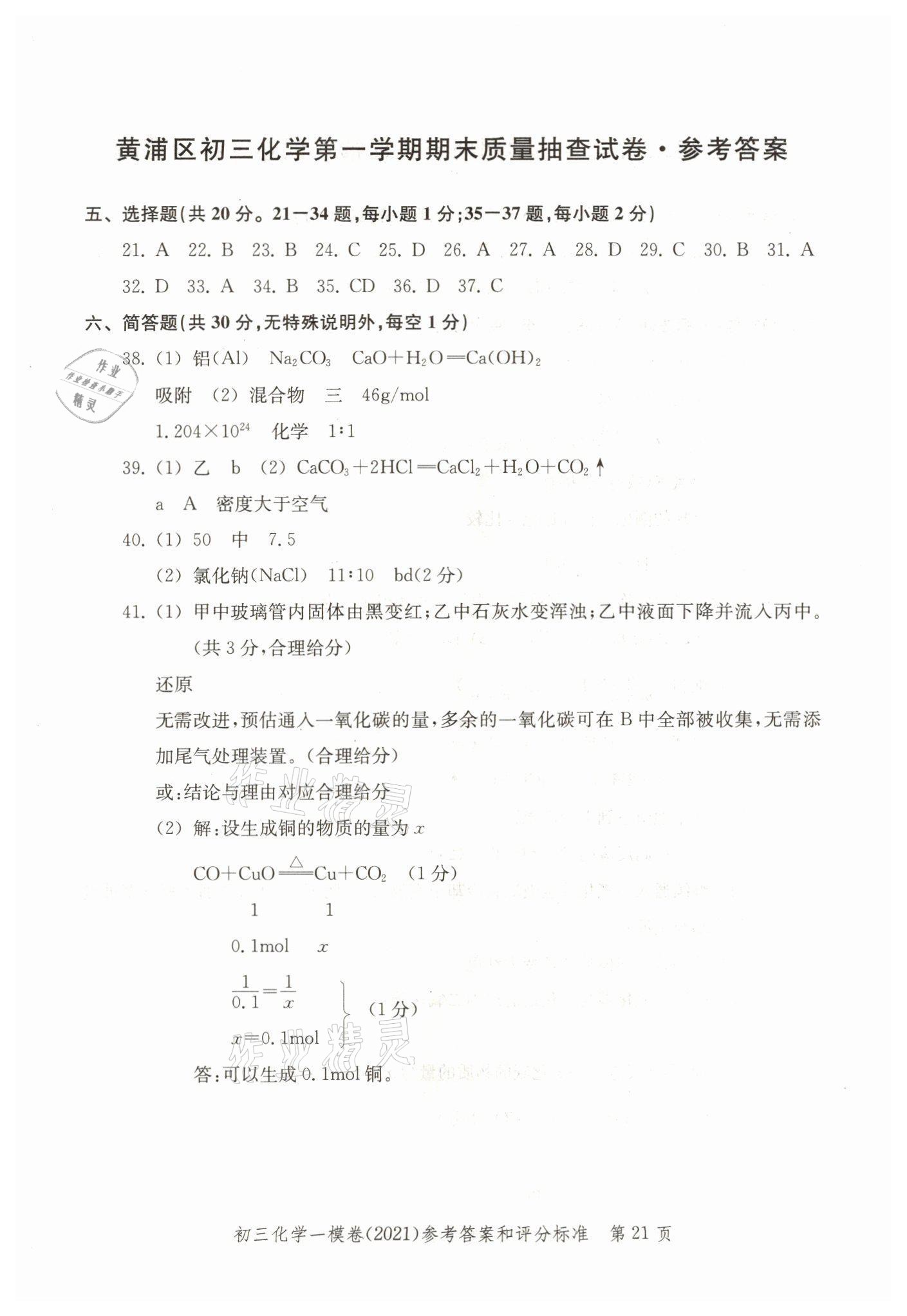 2021年文化课强化训练九年级化学上册沪教版 参考答案第21页