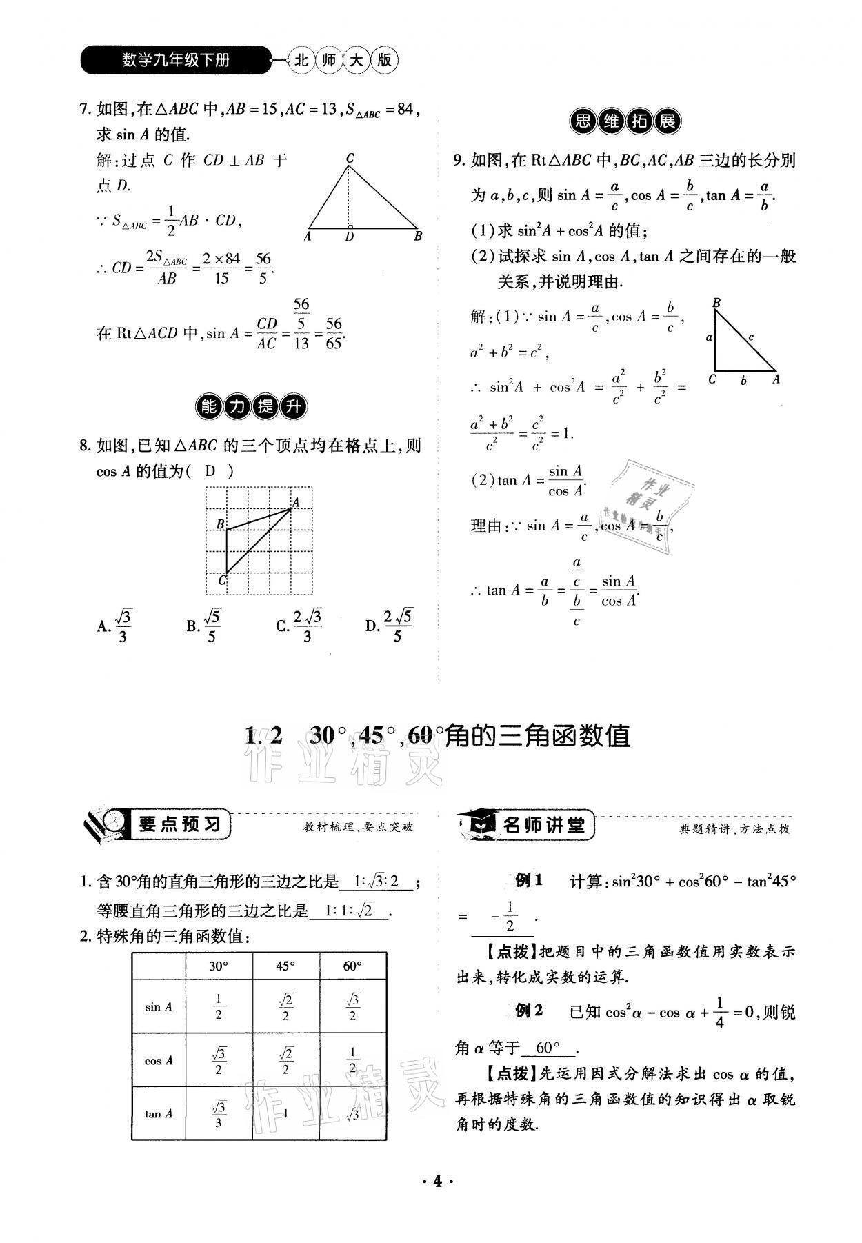 2022年一课一练创新练习九年级数学下册北师大版 参考答案第7页