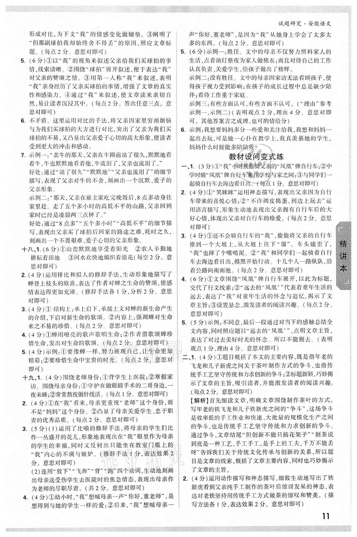 2022年万唯中考试题研究语文中考人教版安徽专版 参考答案第10页