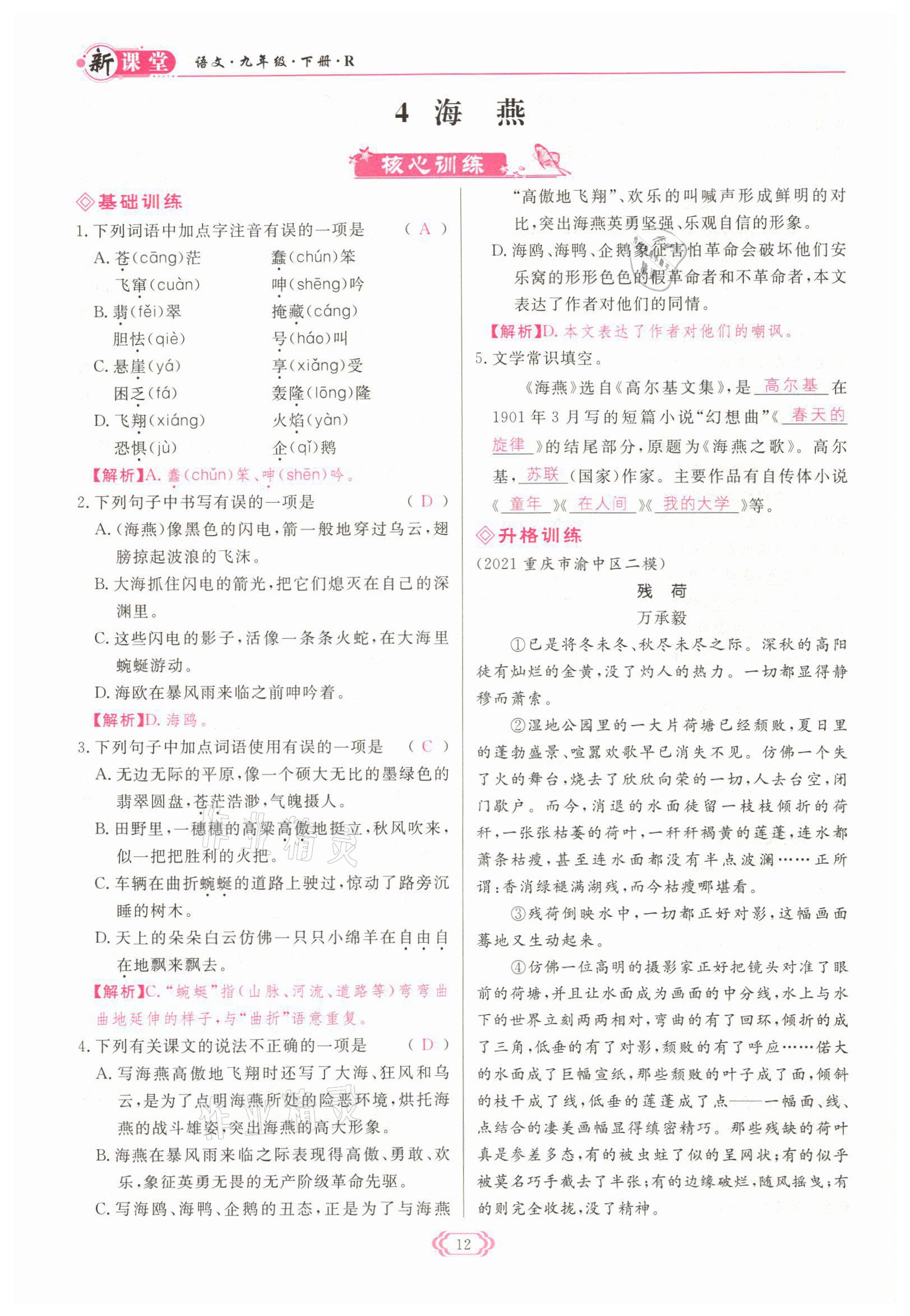 2022年啟航新課堂九年級語文下冊人教版 參考答案第12頁