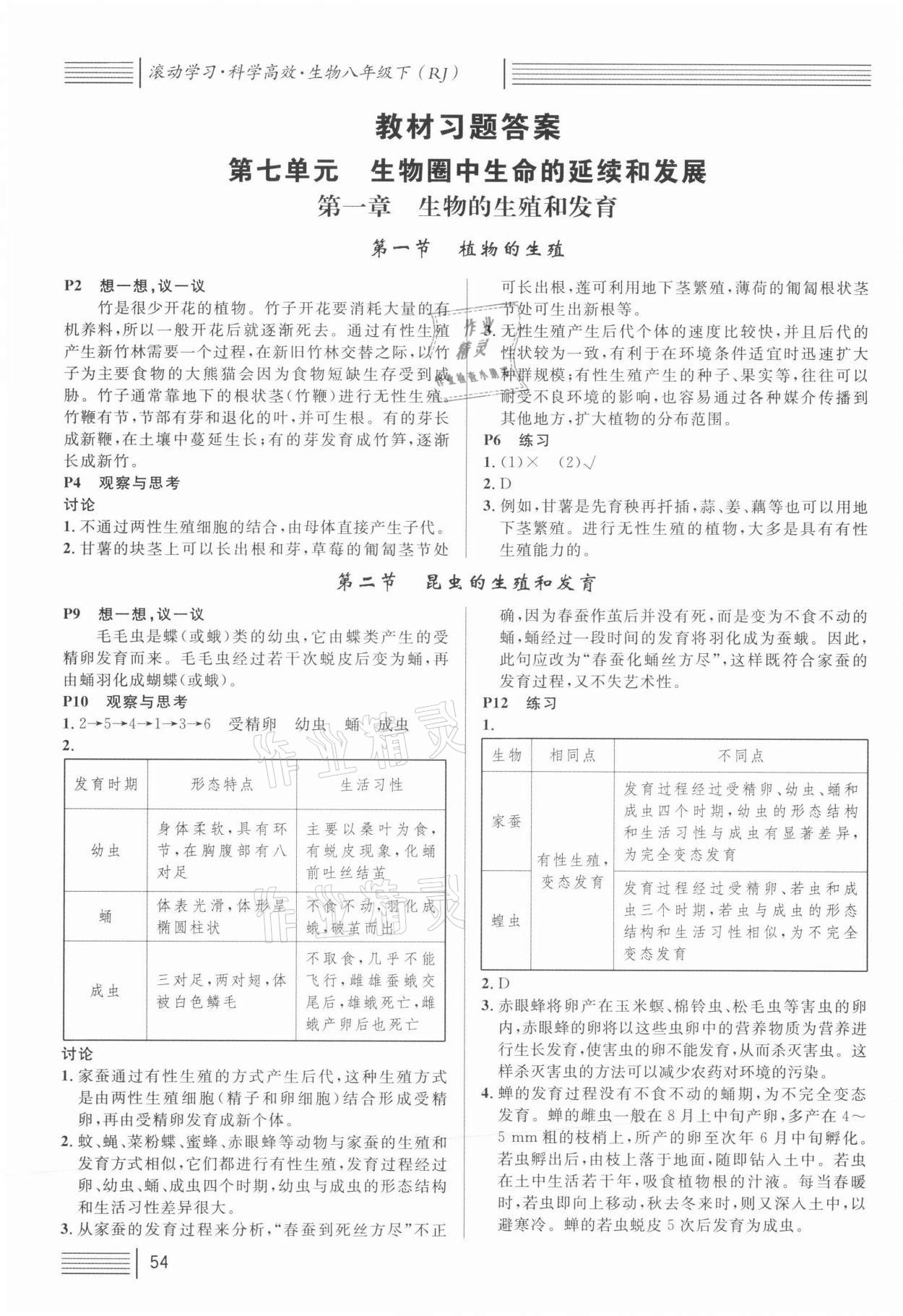 2022年名校課堂八年級生物下冊人教版黃岡孝感咸寧專版 參考答案第1頁