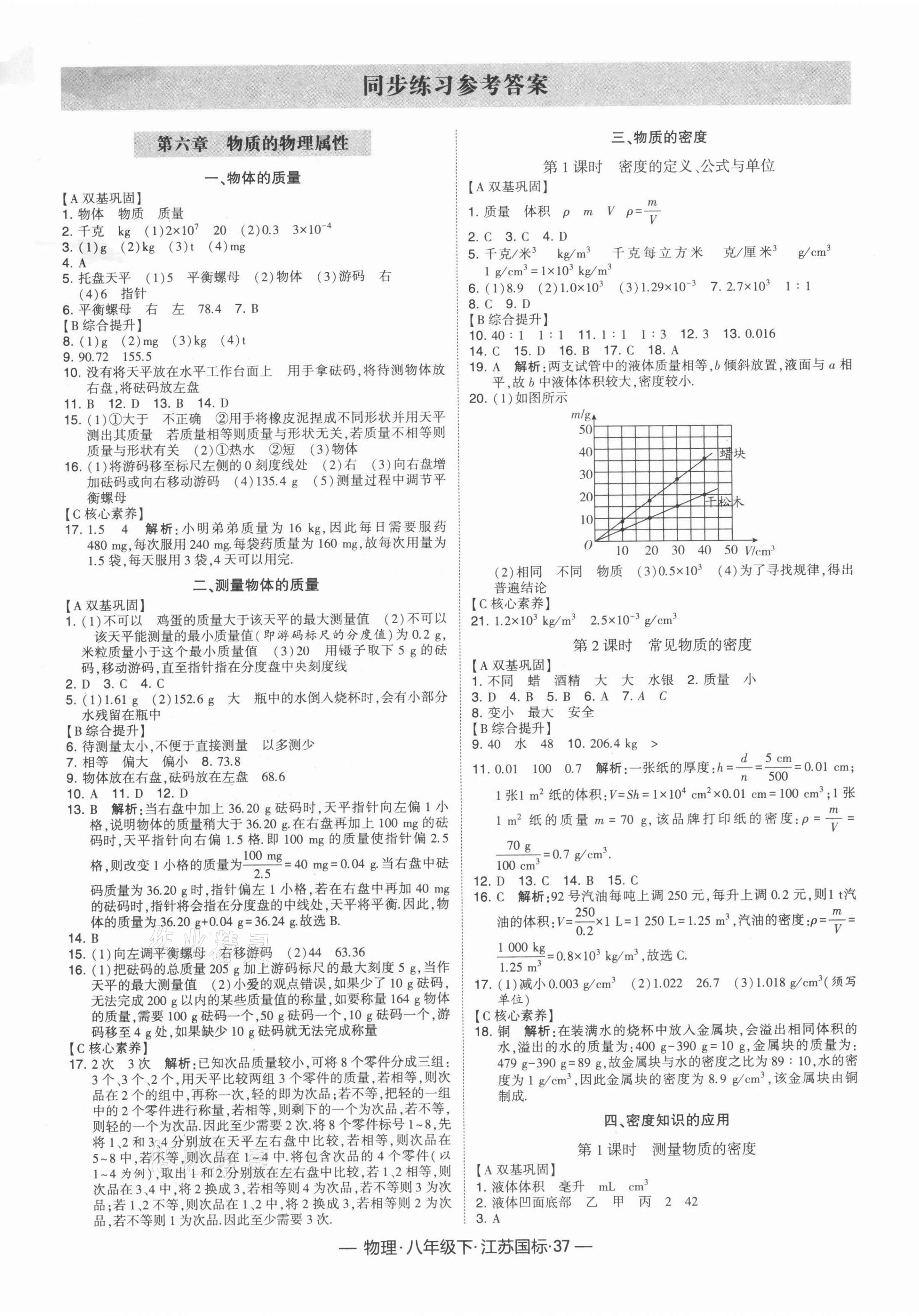 2022年学霸课时作业八年级物理下册苏科版 参考答案第1页