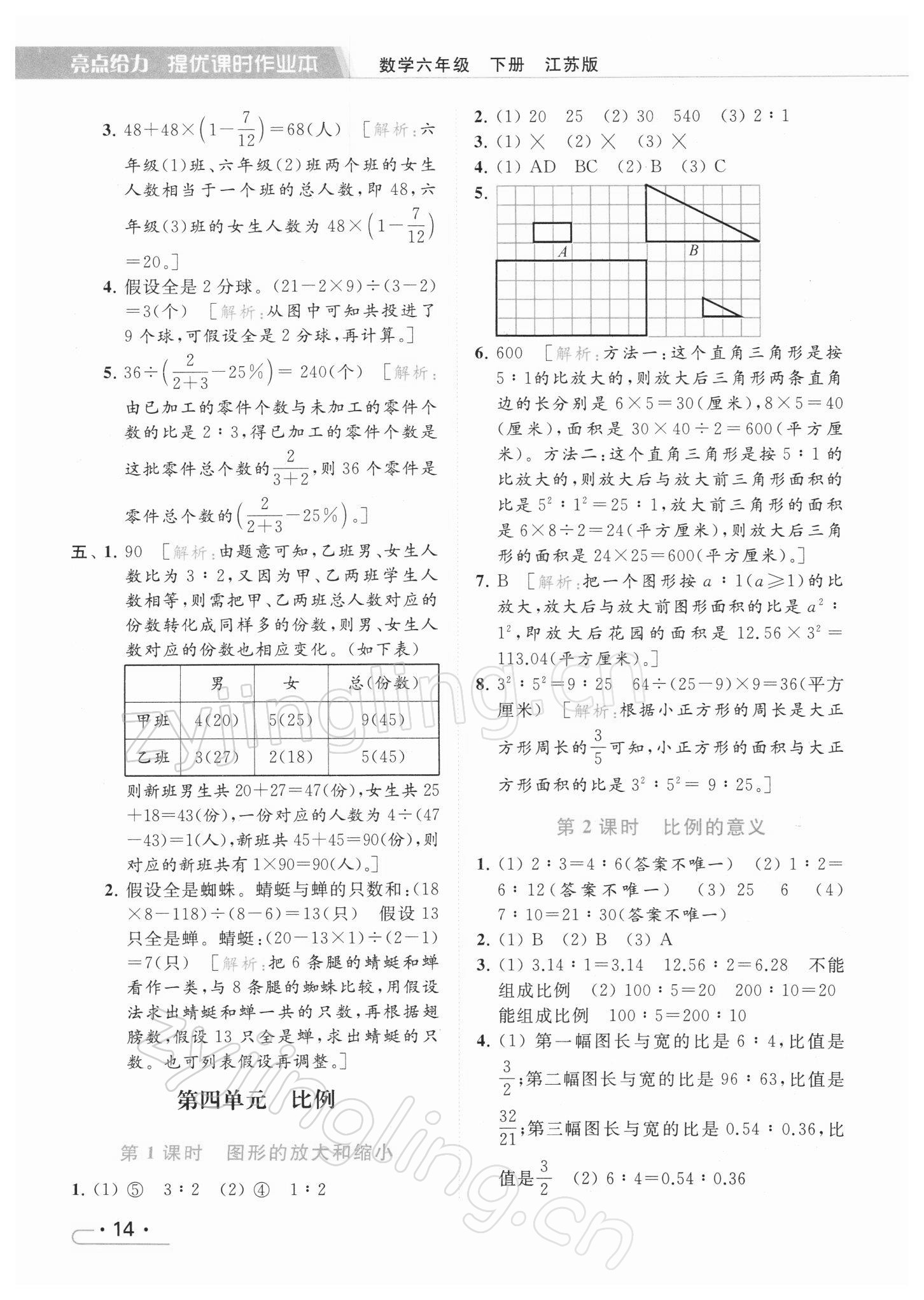 2022年亮點給力提優(yōu)課時作業(yè)本六年級數(shù)學下冊江蘇版 參考答案第14頁