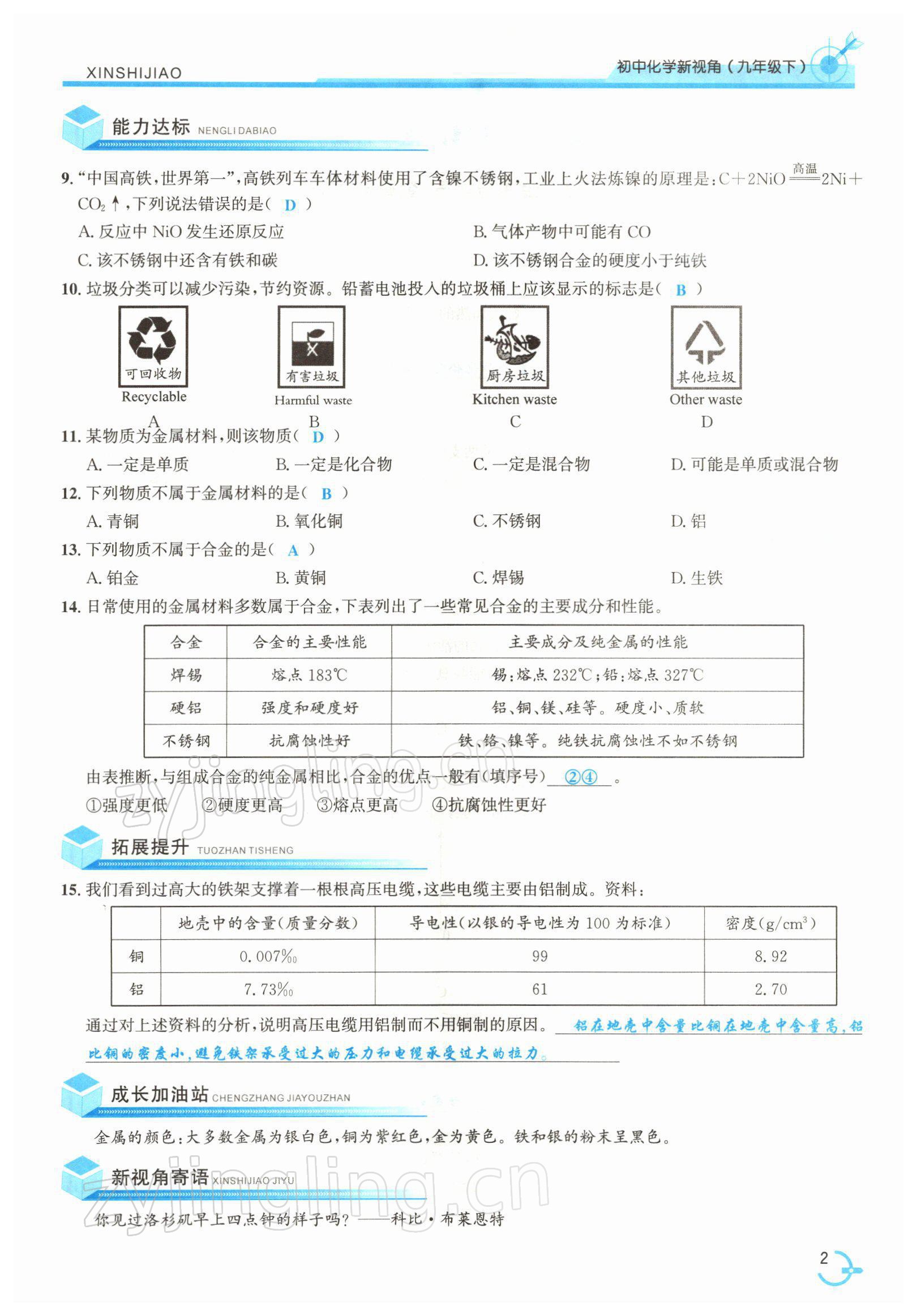 2022年新视角教辅系列丛书九年级化学下册人教版 参考答案第2页