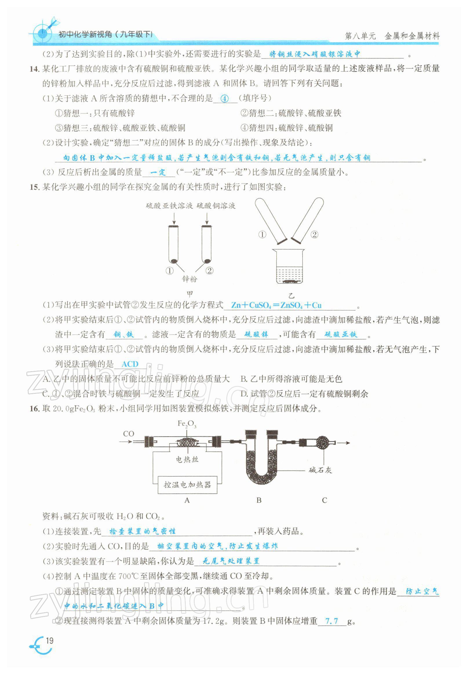 2022年新视角教辅系列丛书九年级化学下册人教版 参考答案第19页