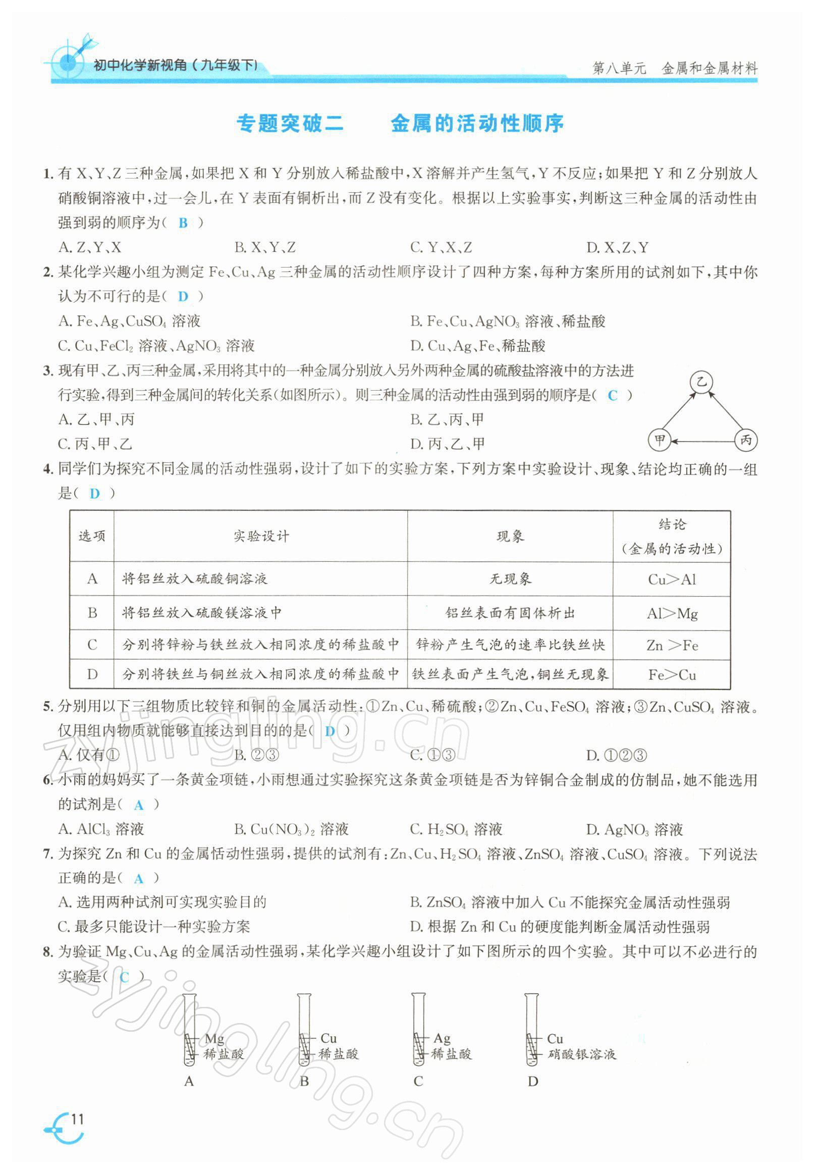 2022年新視角教輔系列叢書九年級化學(xué)下冊人教版 參考答案第11頁