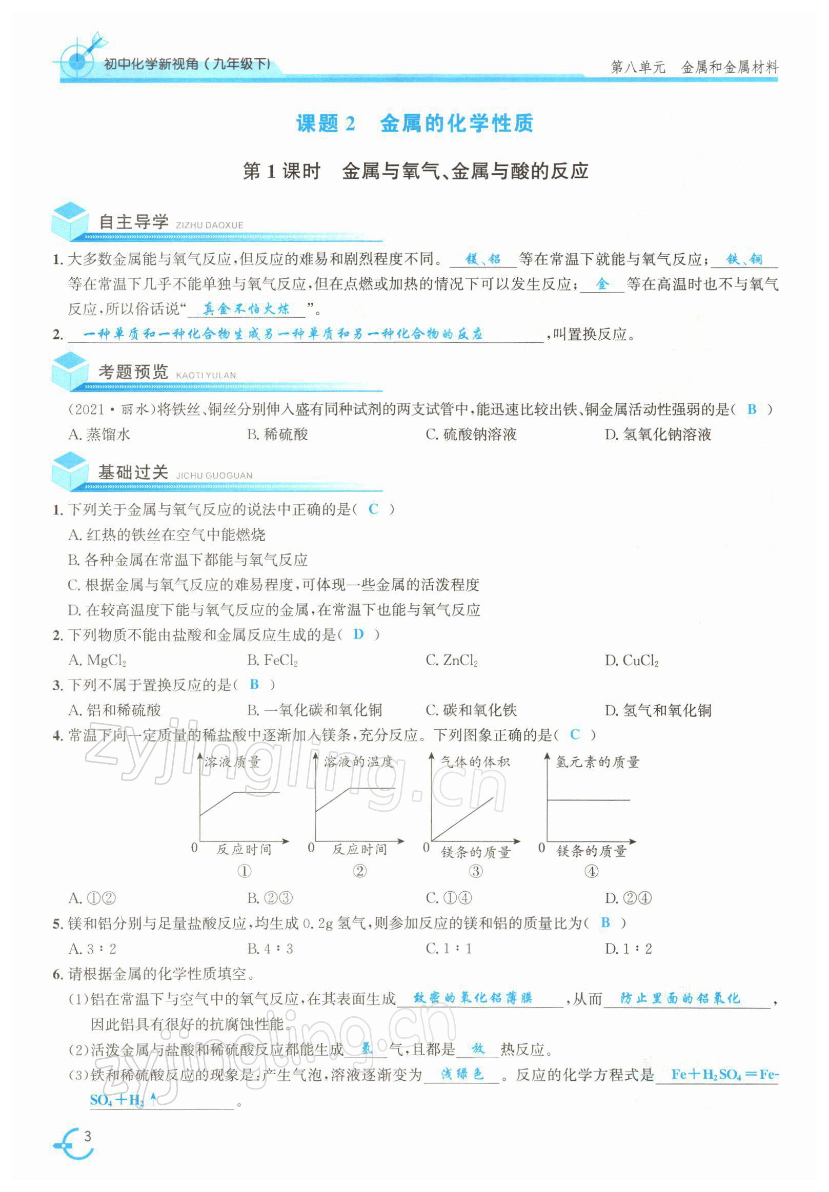 2022年新视角教辅系列丛书九年级化学下册人教版 参考答案第3页